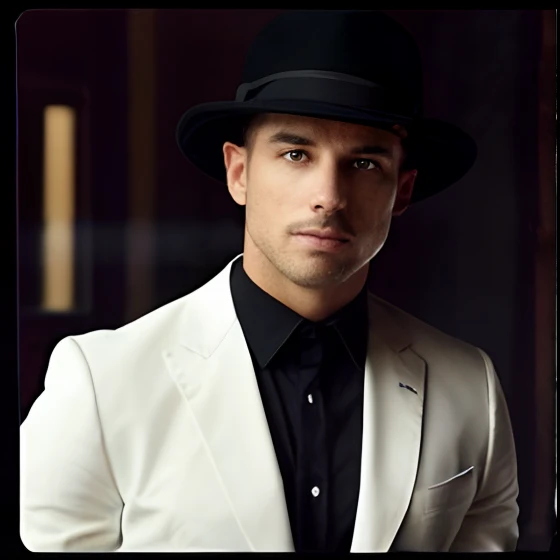 Araffe dressed in a white shirt and black hangings and a hat, a suited man in a hat, white suit and hat, Foto do perfil, inspirado em Christopher Williams, homem bonito, imagem de perfil, Foto do perfil, taken in the early 2020s, wearing a bowler hat, Gorjetando seu fedora, anthony mcbain, Estilo Mike Jackson