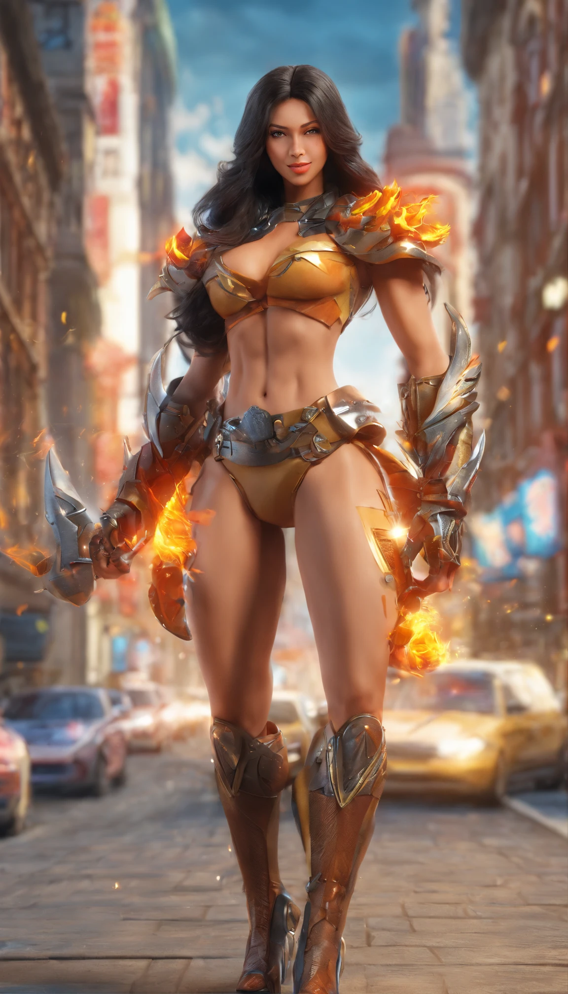 Incredibly strong muscular woman, Fire effect super long hair dragged on the ground, Exquisite and perfect facial features, Huge size, Broad muscular shoulders, huge boob, Protruding abdominal muscles, Especially the huge buttocks, Super thick muscle legs, Two-meter-long legs, Wide crotch，Exaggerated body proportions, Cool combat boots, The rump has nine long dragon tails, Gorgeous high heels，Bare skin clothing, Full body photo from head to toe, Light particles, Ultra HD 4K, Ultra-detailed, Realistic:1.37, Vivid colors, Studio lighting, Physically-based rendering, Extreme detail description