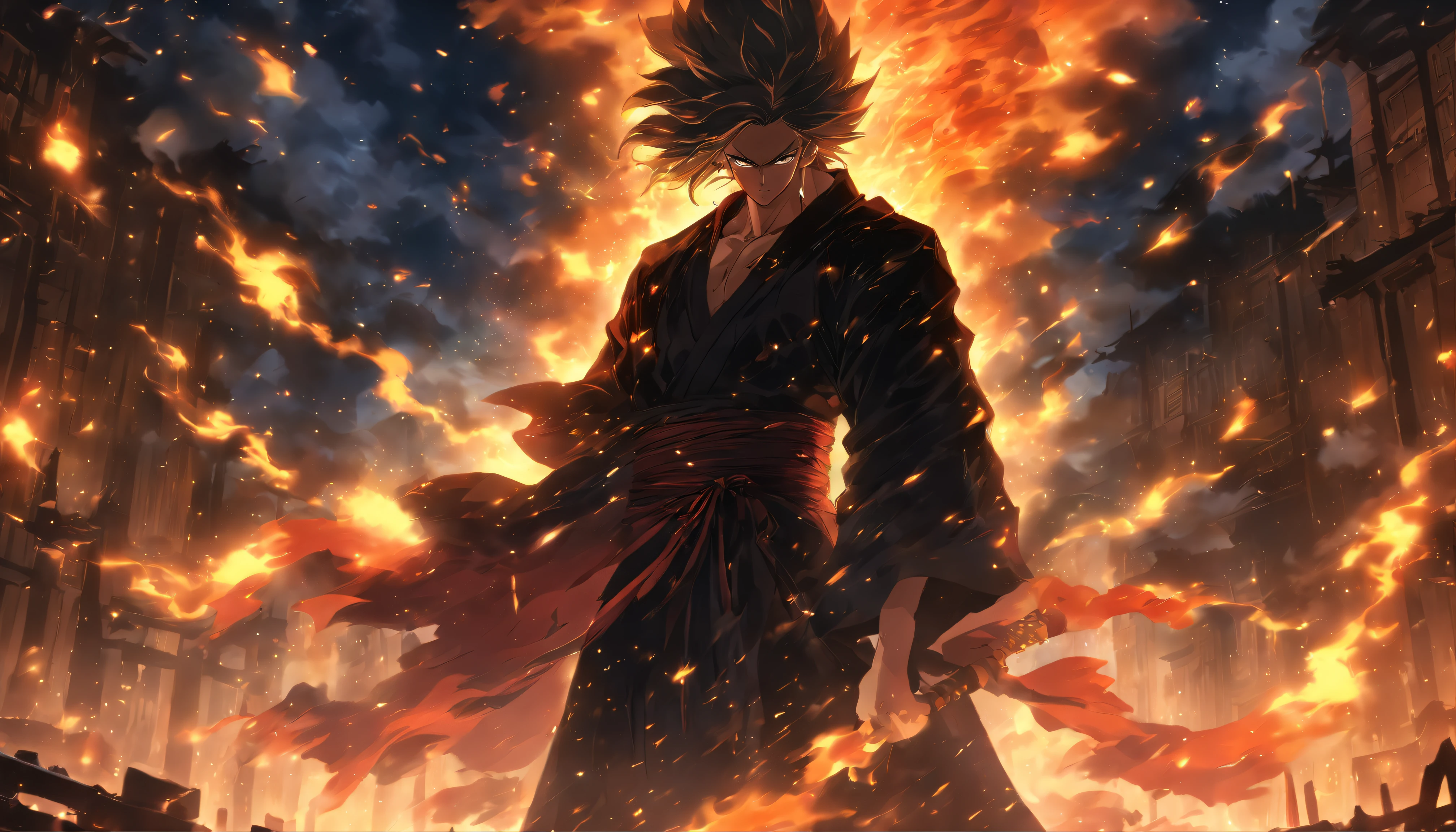 A man in a black robe, holding a sharp sword, standing in a desolate ruin, surrounded by broken buildings and burning flames, with a dark and stormy sky above, his cold and majestic gaze exuding an unbeatable power, ,in the style of the stars art group xing xing, 32k, best quality, masterpiece, super detail, high details