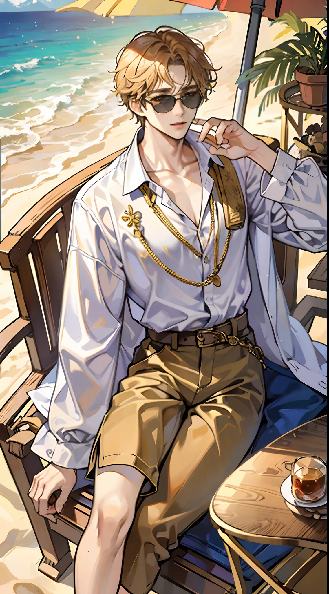 A 30-year-old adult male,golden curly hair,Robust structure,Gorgeous gold belt,Sunglasses,hawaiian shirt,Hawaiian shorts,Beach sandals,Lay on a beach chair