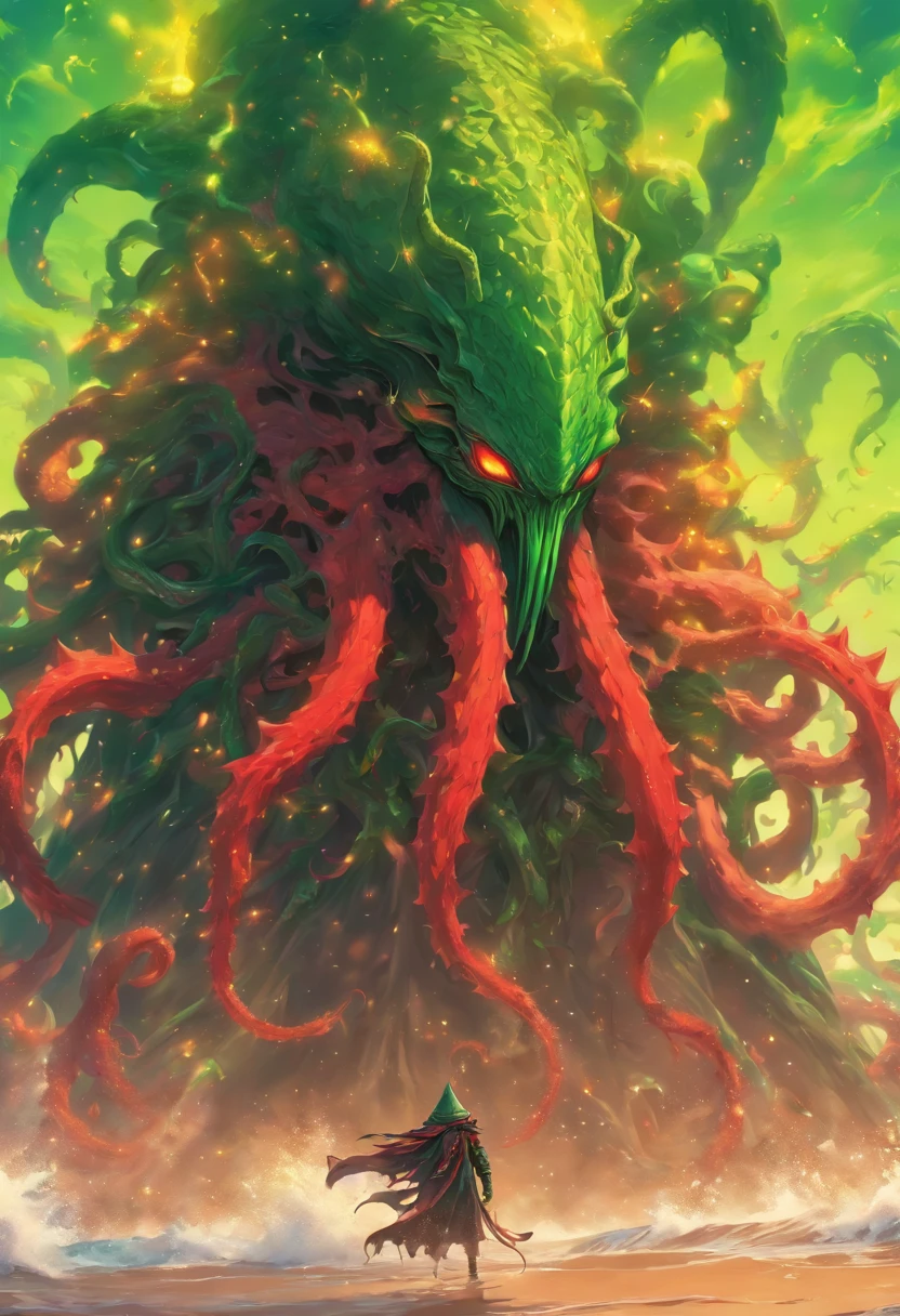 Mind Flayer that is red with green insect-like exoskeleton, serrated tentacles, yellow spikes, and bursts from the sand to prey, masterpiece, best quality