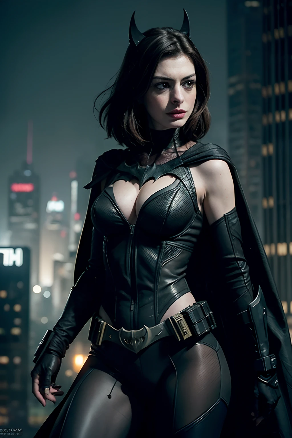 ((Anne Hathaway as cyberpunk Batman holding a Batarang)), wearing cyberpunk Batman armor with cape, (dynamic pose), red hair, athletic build, tight costume, very beautiful, ((sexy, small natural breast, cleavage, nippin, camel toe)),  (highly detailed skin: 1.2), serious face, beautiful face, highly detailed skin, skin pores, (highly detailed face:1.1), (highly detailed eyes:1.1), realistic pupils, full face blush, full lips, (perfect anatomy:1.1), (perfect proportions:1.1), (photography:1.1), (photorealistic:1.1), volumetric lighting, dynamic lighting, real shadows, (highres:1.1), sharp focus, (realistic, hyperrealistic:1.4), intricate, high detail, dramatic, subsurface scattering, vivid, polished, sharpened, 35mm, 8k, (((Night photography, Gotham city background)