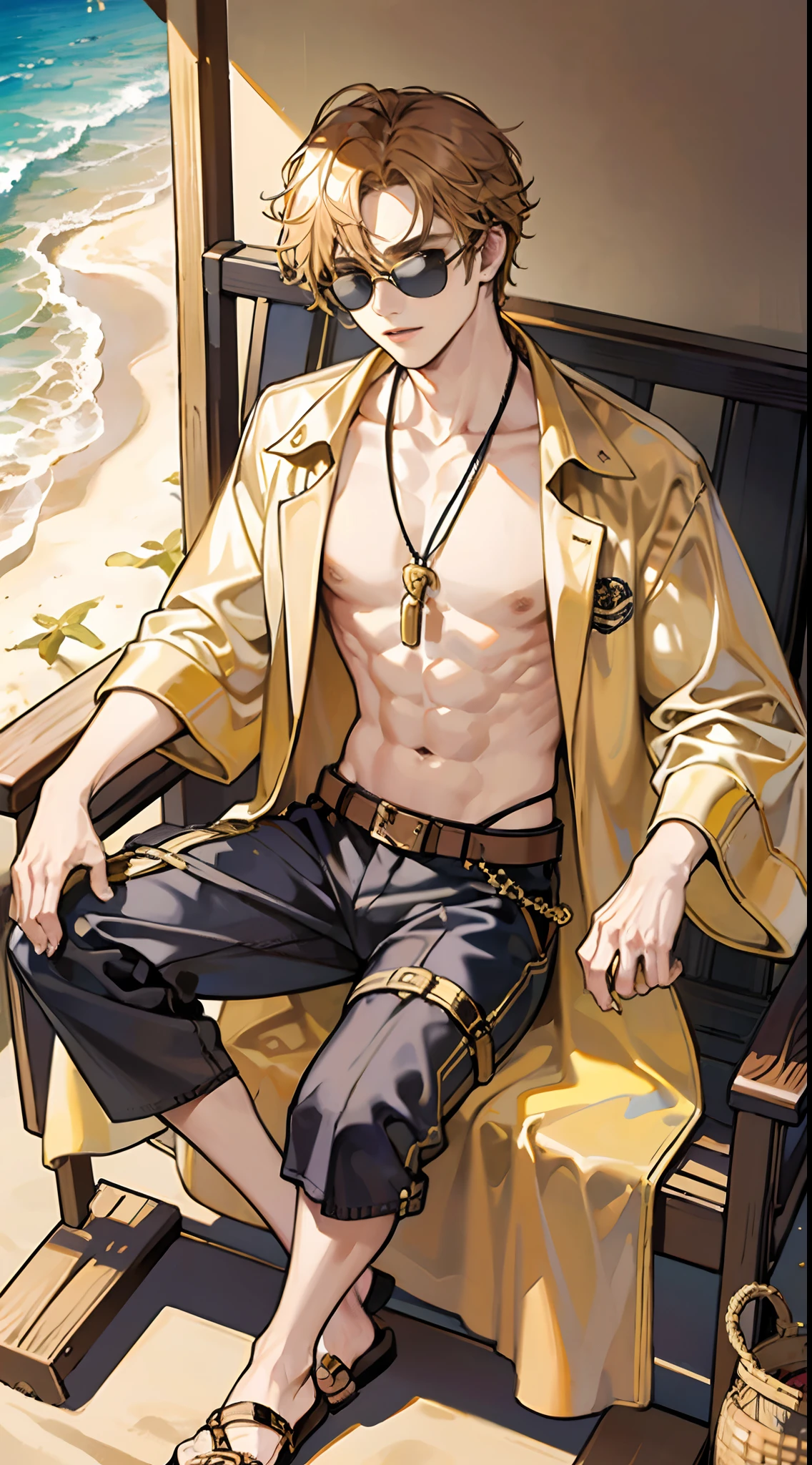 A 30-year-old adult male,golden curly hair,Robust structure,Gorgeous gold belt,Sunglasses,hawaiian shirt,Hawaiian shorts,Beach sandals,Lay on a beach chair