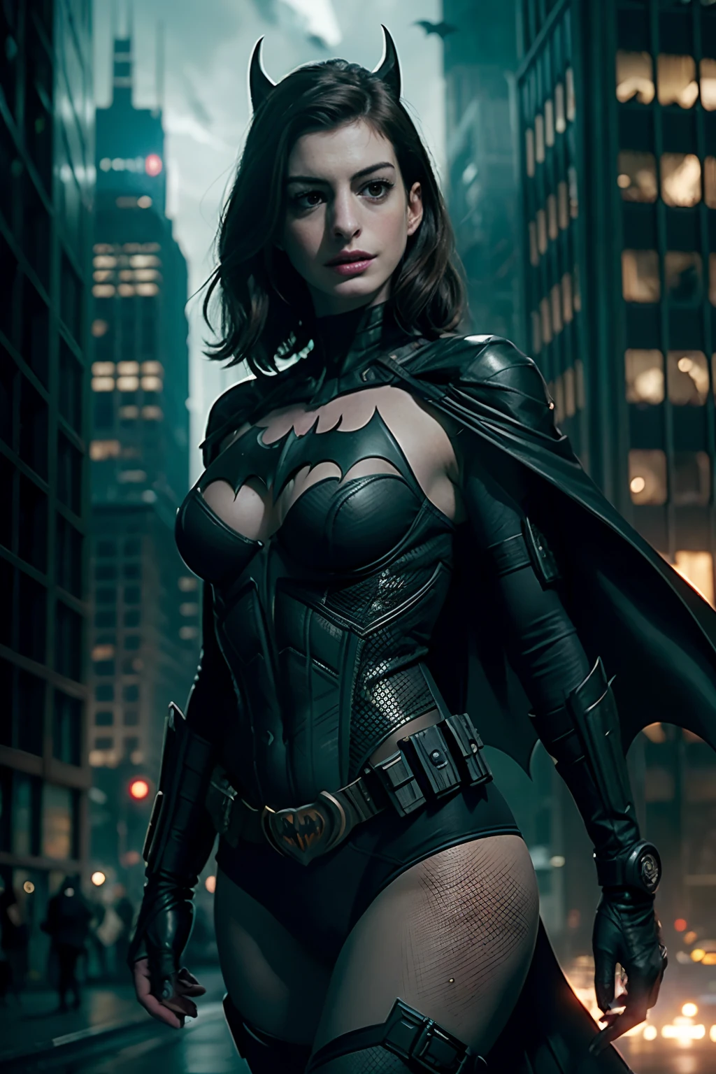 ((Anne Hathaway as cyberpunk Batman holding a Batarang)), wearing cyberpunk Batman armor with cape, (dynamic pose), red hair, athletic build, tight costume, very beautiful, ((sexy, small natural breast, cleavage, nippin, camel toe)),  (highly detailed skin: 1.2), serious face, beautiful face, highly detailed skin, skin pores, (highly detailed face:1.1), (highly detailed eyes:1.1), realistic pupils, full face blush, full lips, (perfect anatomy:1.1), (perfect proportions:1.1), (photography:1.1), (photorealistic:1.1), volumetric lighting, dynamic lighting, real shadows, (highres:1.1), sharp focus, (realistic, hyperrealistic:1.4), intricate, high detail, dramatic, subsurface scattering, vivid, polished, sharpened, 35mm, 8k, (((Night photography, Gotham city background)