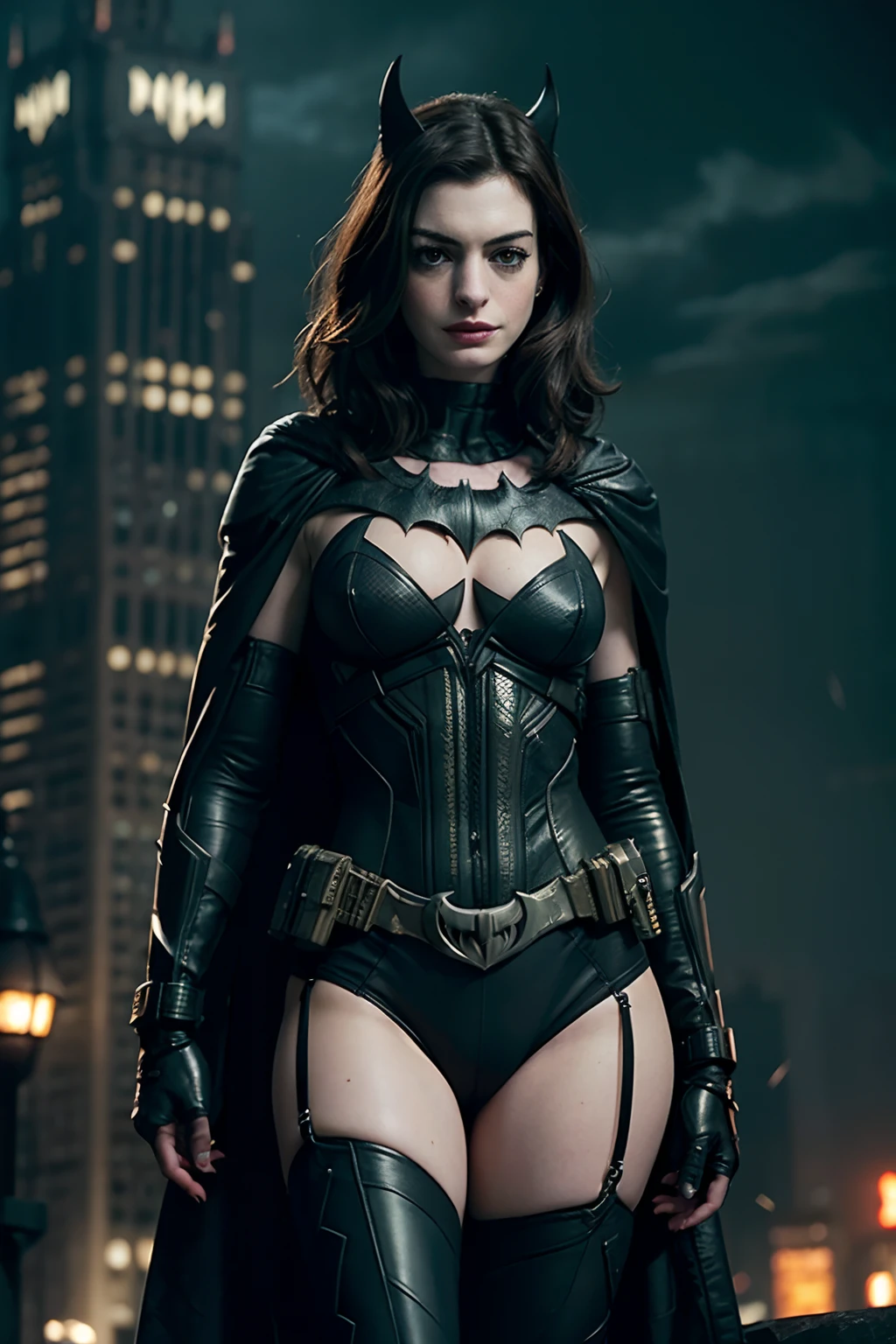 ((Anne Hathaway as cyberpunk Batman holding a Batarang)), wearing cyberpunk Batman armor with cape, (dynamic pose), red hair, athletic build, tight costume, very beautiful, ((sexy, small natural breast, cleavage, nippin, camel toe)),  (highly detailed skin: 1.2), serious face, beautiful face, highly detailed skin, skin pores, (highly detailed face:1.1), (highly detailed eyes:1.1), realistic pupils, full face blush, full lips, (perfect anatomy:1.1), (perfect proportions:1.1), (photography:1.1), (photorealistic:1.1), volumetric lighting, dynamic lighting, real shadows, (highres:1.1), sharp focus, (realistic, hyperrealistic:1.4), intricate, high detail, dramatic, subsurface scattering, vivid, polished, sharpened, 35mm, 8k, (((Night photography, Gotham city background)