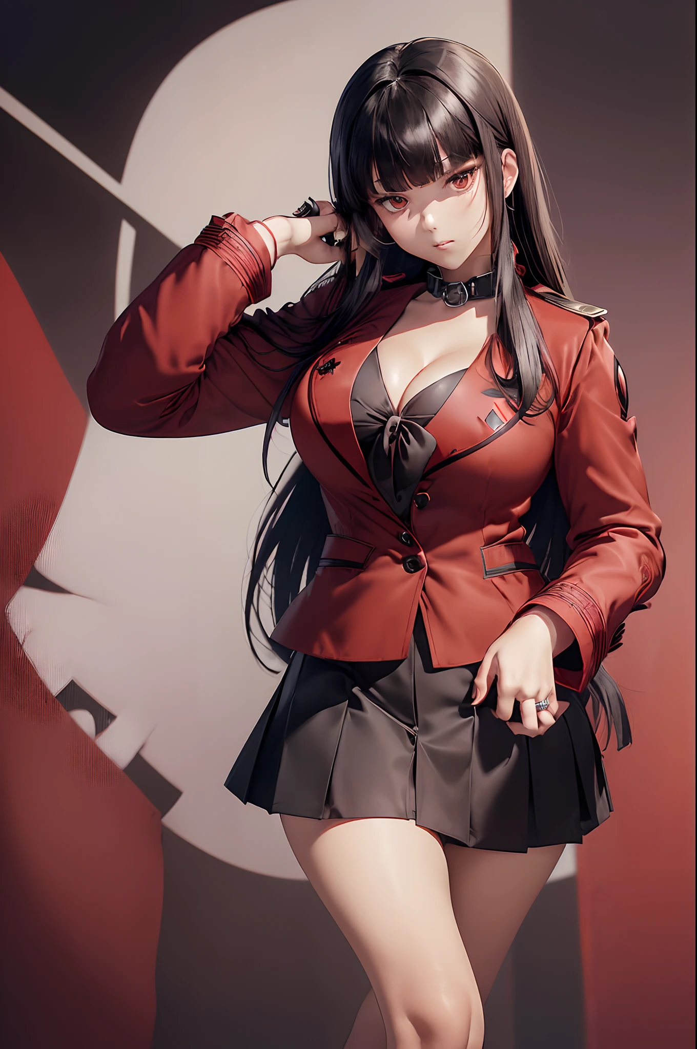 (masterpiece, best quality, ultra-detailed, 8k, wallpaper, photorealistic), (medium shot), beautiful girl, voluptuous body, perfect hands, perfect anatomy, large cleavage, ((anime girl as Yumeko Jabami)), ((wears the standard uniform issued to female students at Hyakkaou Private Academy)), ((a red blazer with black trim lining the cuffs and collar:1.5)), ((white button-up dress shirt and black tie)), ((a black and grey checkered mini skirt, black tights, and brown loafers)), ((long thick black hair, blunt bangs)), ((wears a silver ring on her left thumb)), ((standing while one hand on his head and one hand on her waist)), ((dynamic background))