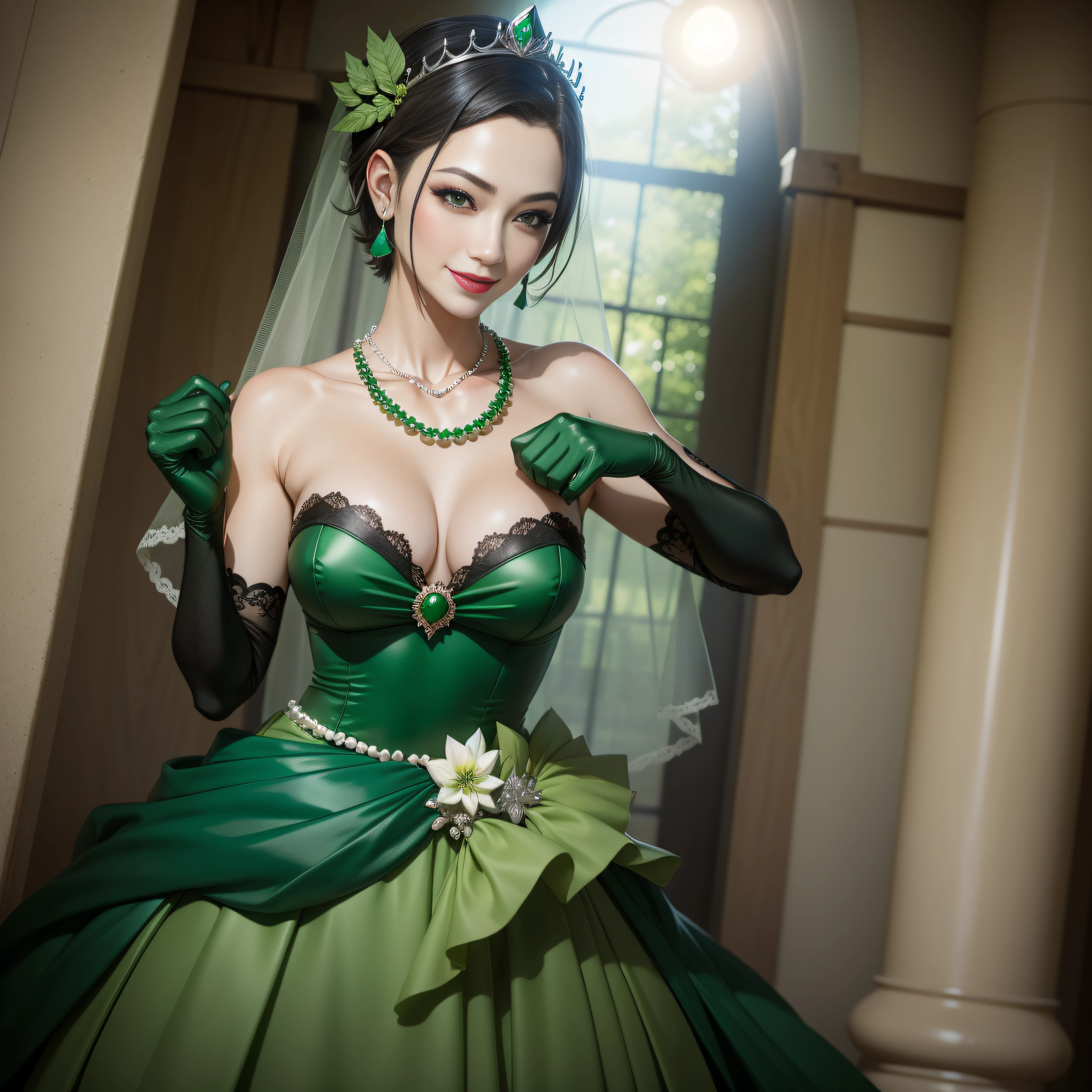 boyish very short hair, lipsticks, Japan woman smiling, Green Long Grove, emerald tiara, Green Pearl Necklace, Green eyes, Green Bridal Veil