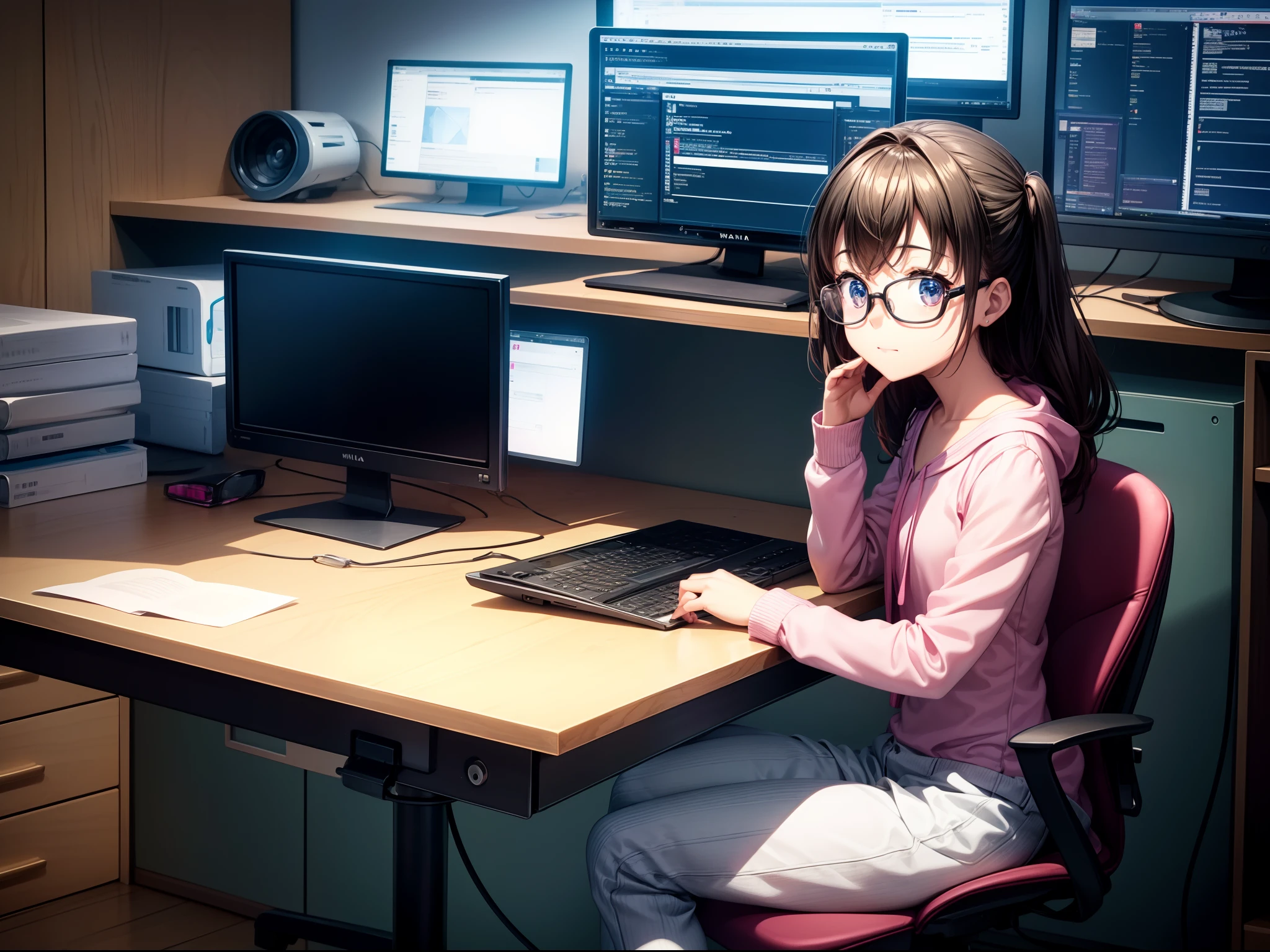 {kawaii},{milola},{computer},{table},{glasses},{programmer}, cute girl sitting at the computer