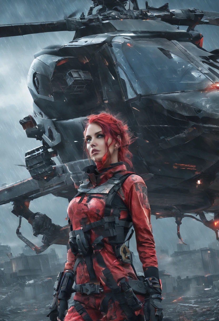 Armageddon battle scene with beautiful surrealist photo of cute young swedish woman with rune tattoo, ((Dirty face Blood splattered)), (((Wear an all-heavy mech, Combat harness, Neon highlights))) Short red hair braids, Combat pose, (((Grab the side of the combat sci-fi combat helicopter))), Exterior of destroyed buildings, fires, Smoke, detritos, Camouflage net, caisson, rain, Stormy, Wet, Abstract beauty, near-perfect, Pure form, intricately details, 8K post-production, high resolution, Super detail, trending on artstationh, Sharp focus, Studio photos, intricately details, Very detailed, by Greg Rutkowski