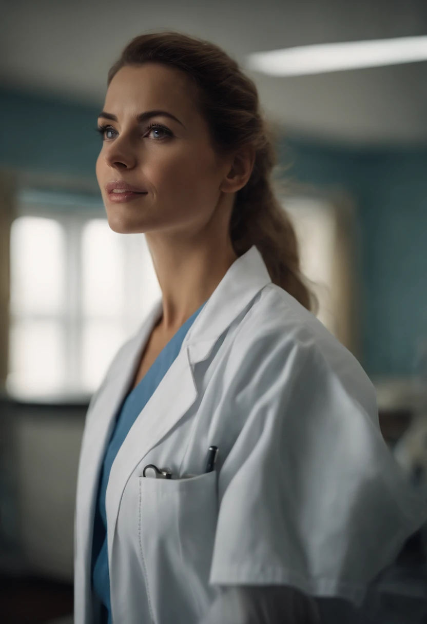 Cinematic portrait, ((medium close-up)), facing the audience, (Reality :1.4), a woman looking into the camera, female nurse, nurse costume, detailed beautiful face, action shot, hospital background, daytime, photo realistic, CG, art station, masterpiece, HD photography