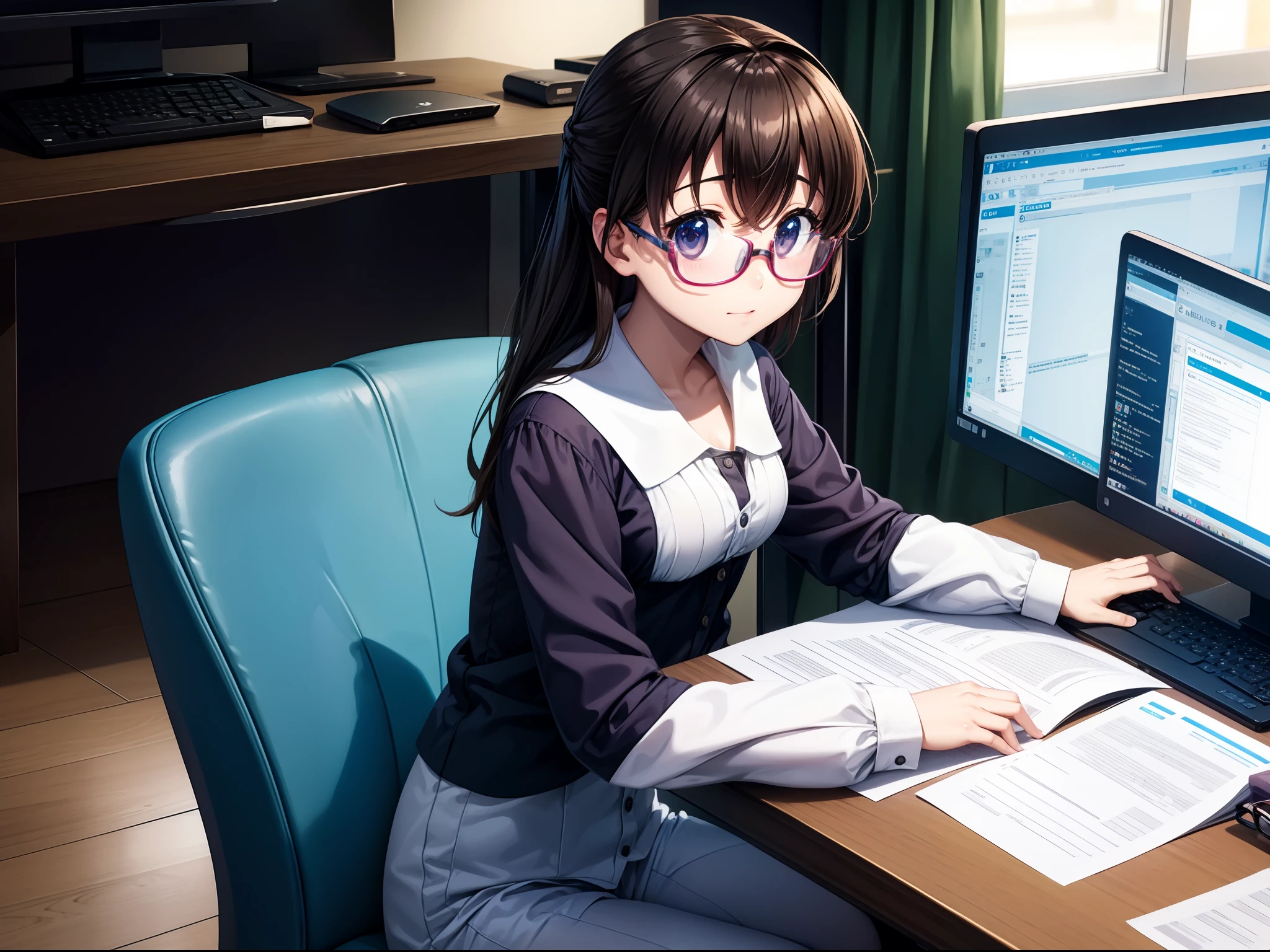 {kawaii},{milola},{computer},{table},{glasses},{programmer}, cute girl sitting at the computer