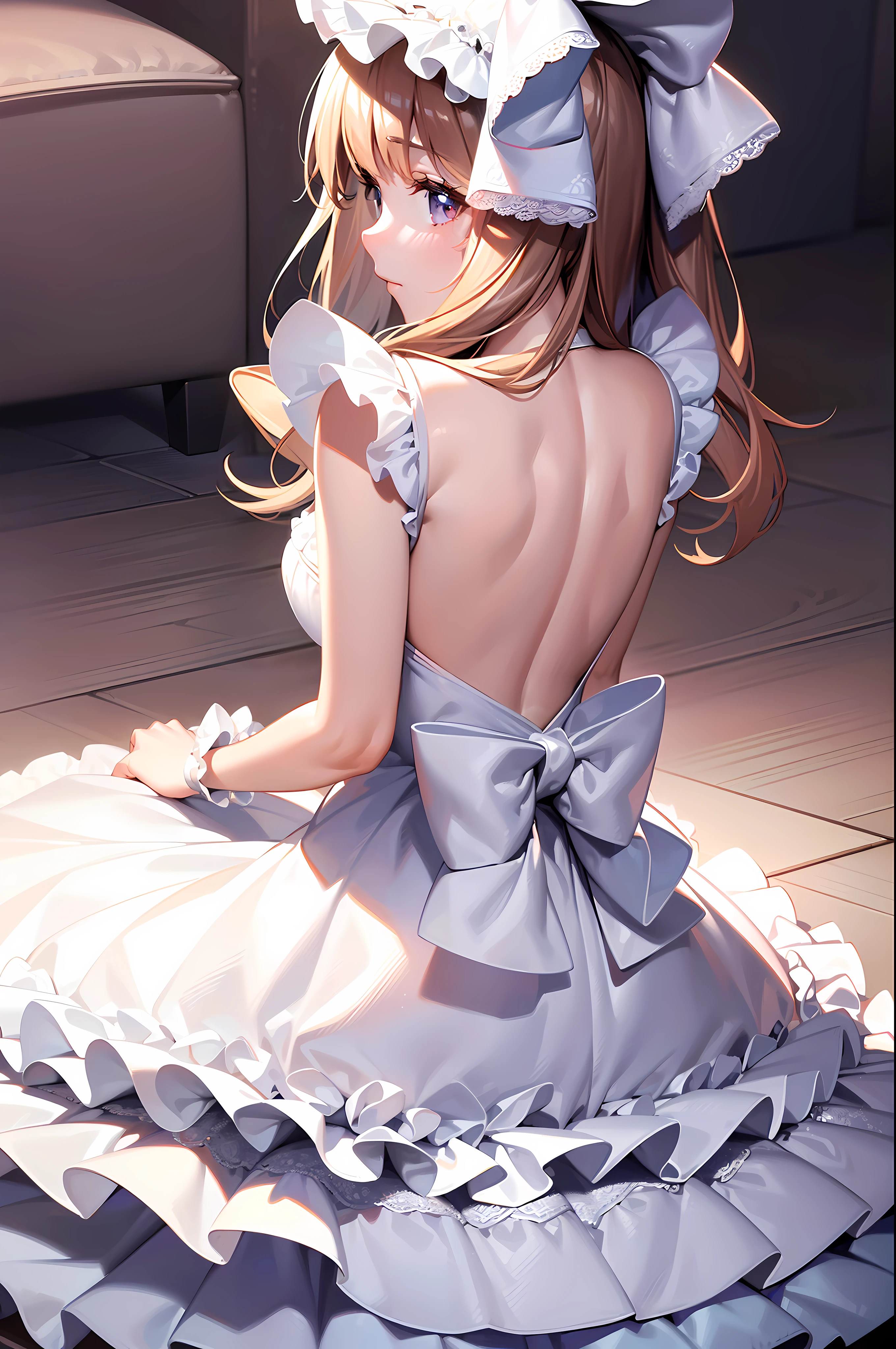 (Masterpiece:1.2), Best quality, A high resolution, Original, (Extremely detailed:1.2), Ultra-detailed, the wallpaper, Perfect lighting,(Extremely detailed CG:1.2), 8K, 1girll, Solo, double tails,  (White Lolita stylish:1.2), The dress has a large bow on the back, shiny dress, Close-up, (from behind:1.2), anime cg