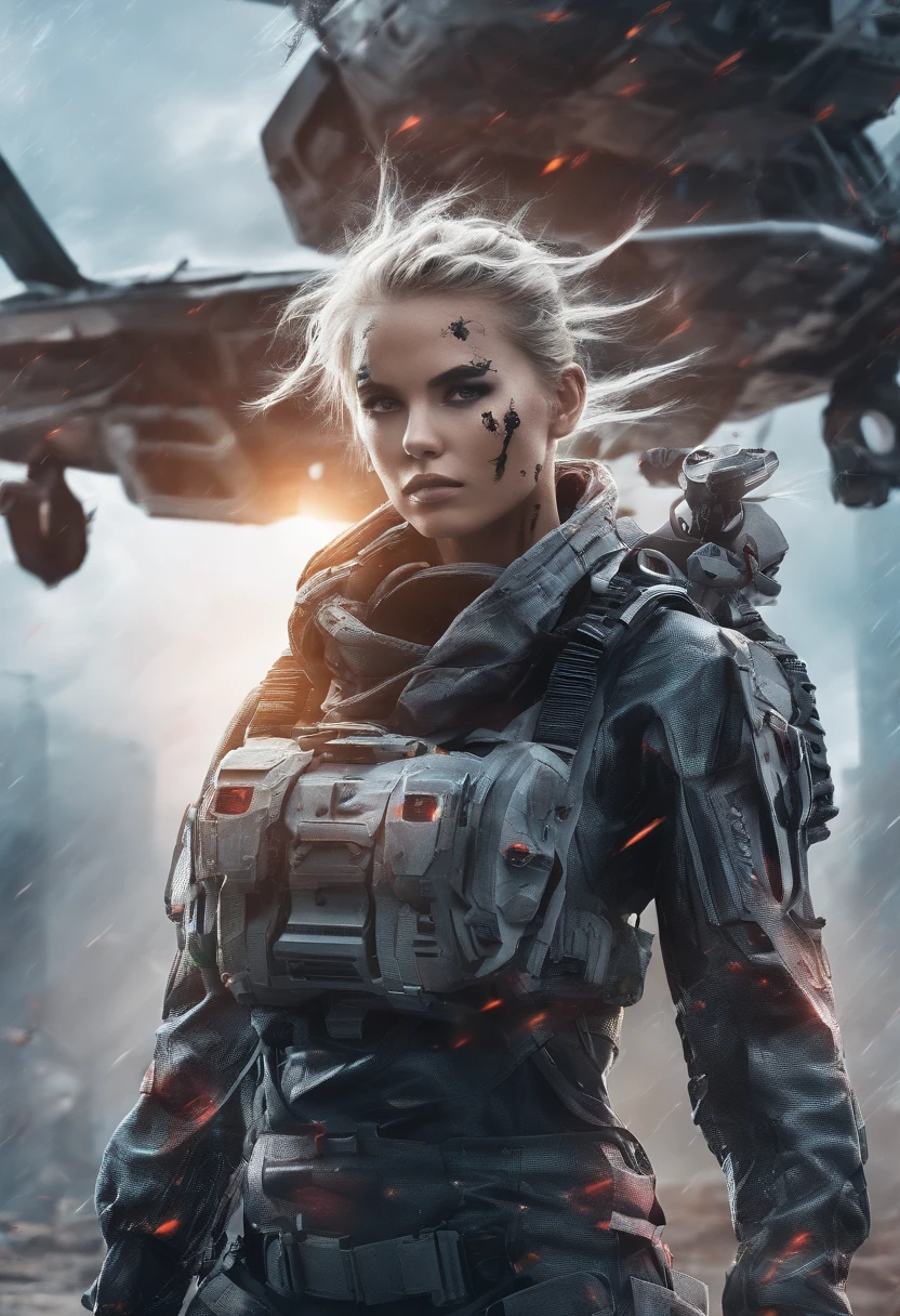 Armageddon battle scene with beautiful surrealist photo of cute young swedish woman with rune tattoo, ((Dirty face Blood splattered)), (((Wear an all-heavy mech, Combat harness, Neon highlights))) Short white hair braids, Combat pose, (((Grab the side of the combat sci-fi combat helicopter))), Exterior of destroyed buildings, fires, Smoke, detritos, Camouflage net, caisson, rain, Stormy, Wet, Abstract beauty, near-perfect, Pure form, intricately details, 8K post-production, high resolution, Super detail, trending on artstationh, Sharp focus, Studio photos, intricately details, Very detailed, by Greg Rutkowski