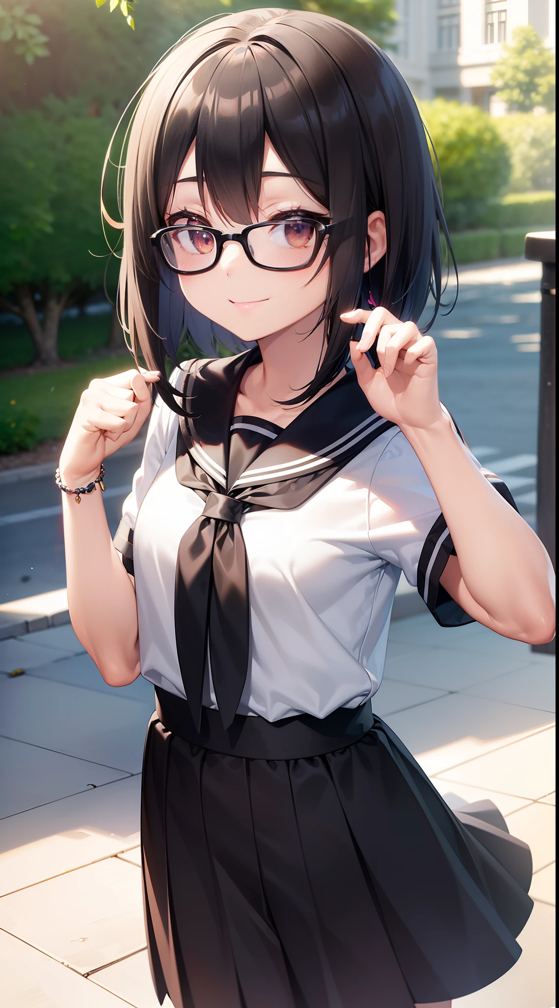 (masutepiece, Best Quality, Capture super cute moments, depth of fields, ultra-detailliert, Ultra High Resolution, C4D, Octadale, 3D Modeling, 8K, 16 K, one girls、a junior high school student、A dark-haired、short-hair、straight haired、Light brown eyes,hair adornments、wearing black glasses、A smile)、Cat Pose、a sailor suit