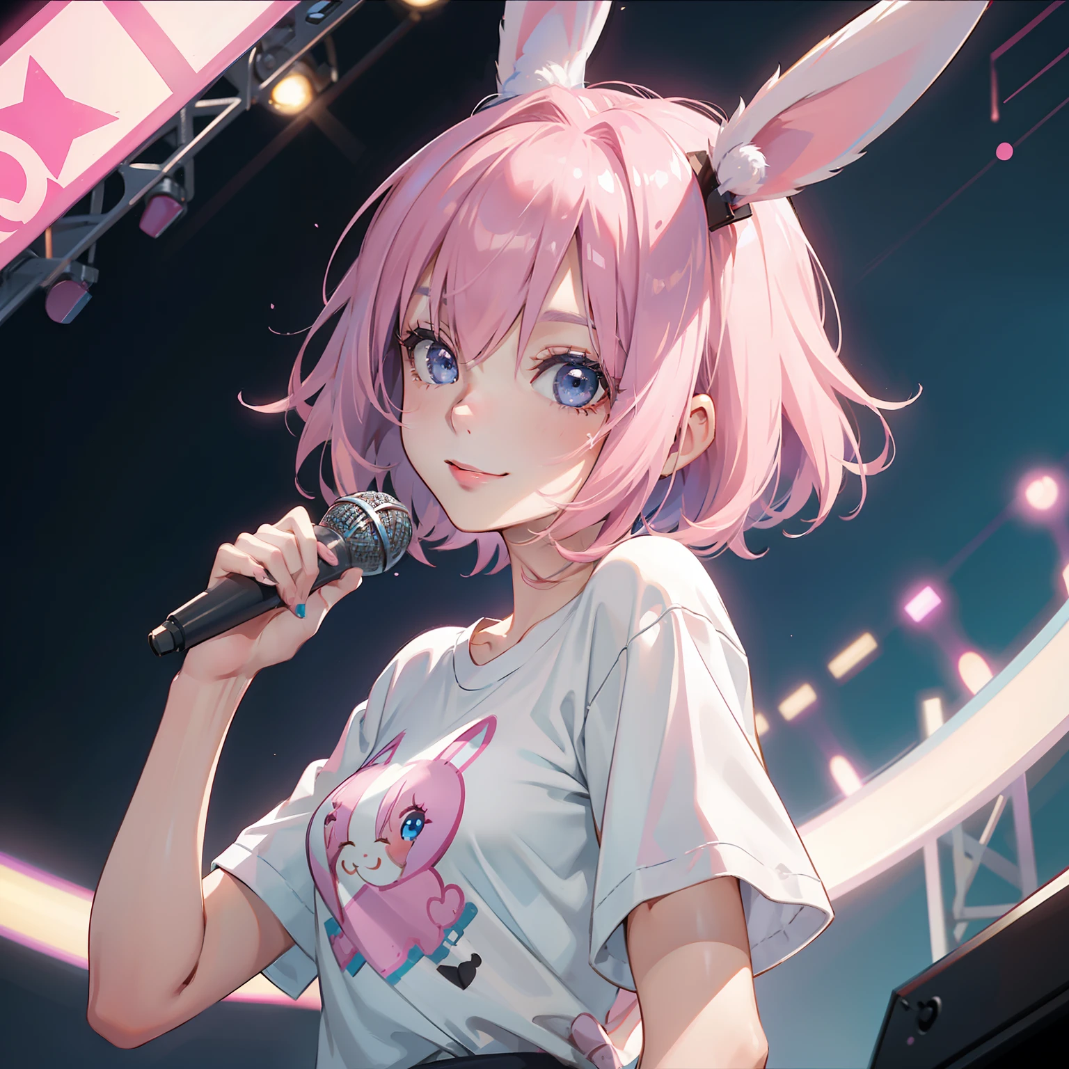 (Girl around 20 years old), solo, (pink bob hair), blue eyes, rabbit ears, looking up, naughty smile, (face close up), t-shirts, (sing with a microphone)
