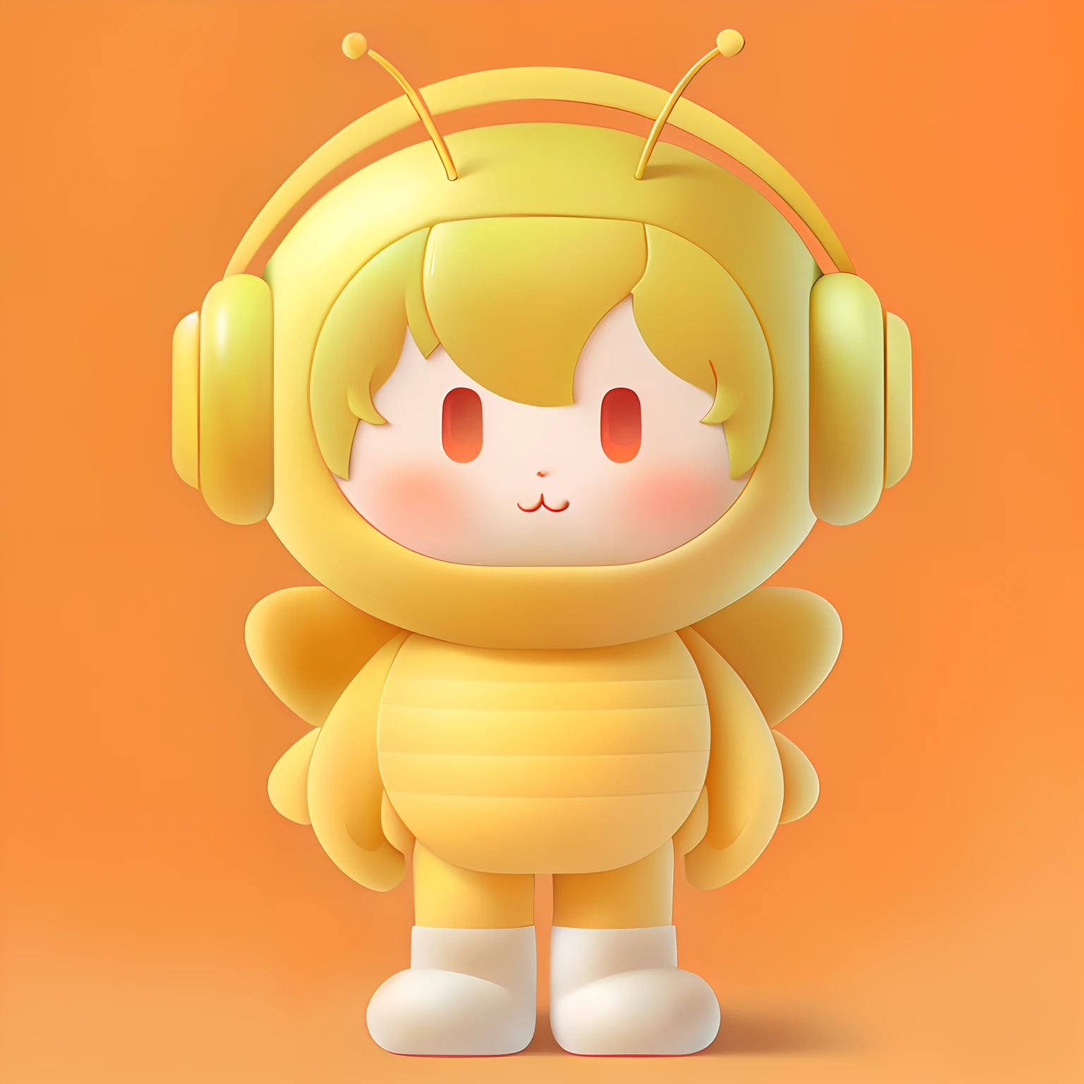 2.5D，k hd，Rich in detail，8K，largeeyes，Full body character drawing,Cute cartoon style,Character drawing,candypunk character design, boy,Boy in bee doll costume wearing headphones，white backgrounid，lovely art style