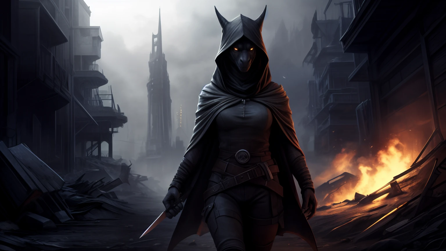 (best quality, highres, realistic:1.37), Draconid, scalie, Anthro-Dragon Body, shapely body, Female anthropopathy, small head, long slim legs, long neck, Long hair, membranous ears, postapocalyptic wasteland, raider's clothes, tattered cloak, cold colours, kenshi world, katana sword, asian cone hat