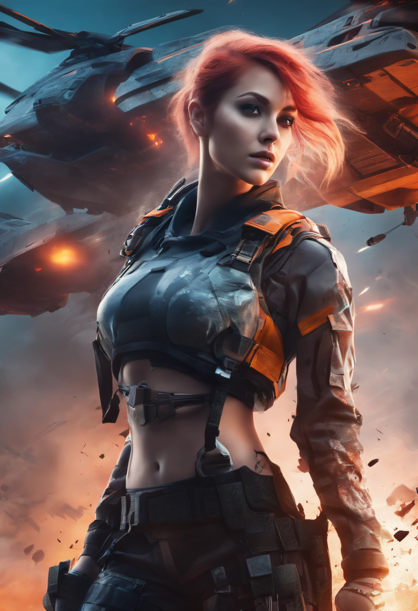 Armageddon battle scene with beautiful surrealist photo of cute young swedish woman with rune tattoo, ((Dirty face Blood splattered)), (((Wear an all-heavy mech, Combat harness, Neon highlights))) Short red hair braids, Combat pose, (((Grab the side of the combat sci-fi combat helicopter))), Exterior of destroyed buildings, fires, Smoke, detritos, Camouflage net, caisson, rain, Stormy, Wet, Abstract beauty, near-perfect, Pure form, intricately details, 8K post-production, high resolution, Super detail, trending on artstationh, Sharp focus, Studio photos, intricately details, Very detailed, by Greg Rutkowski