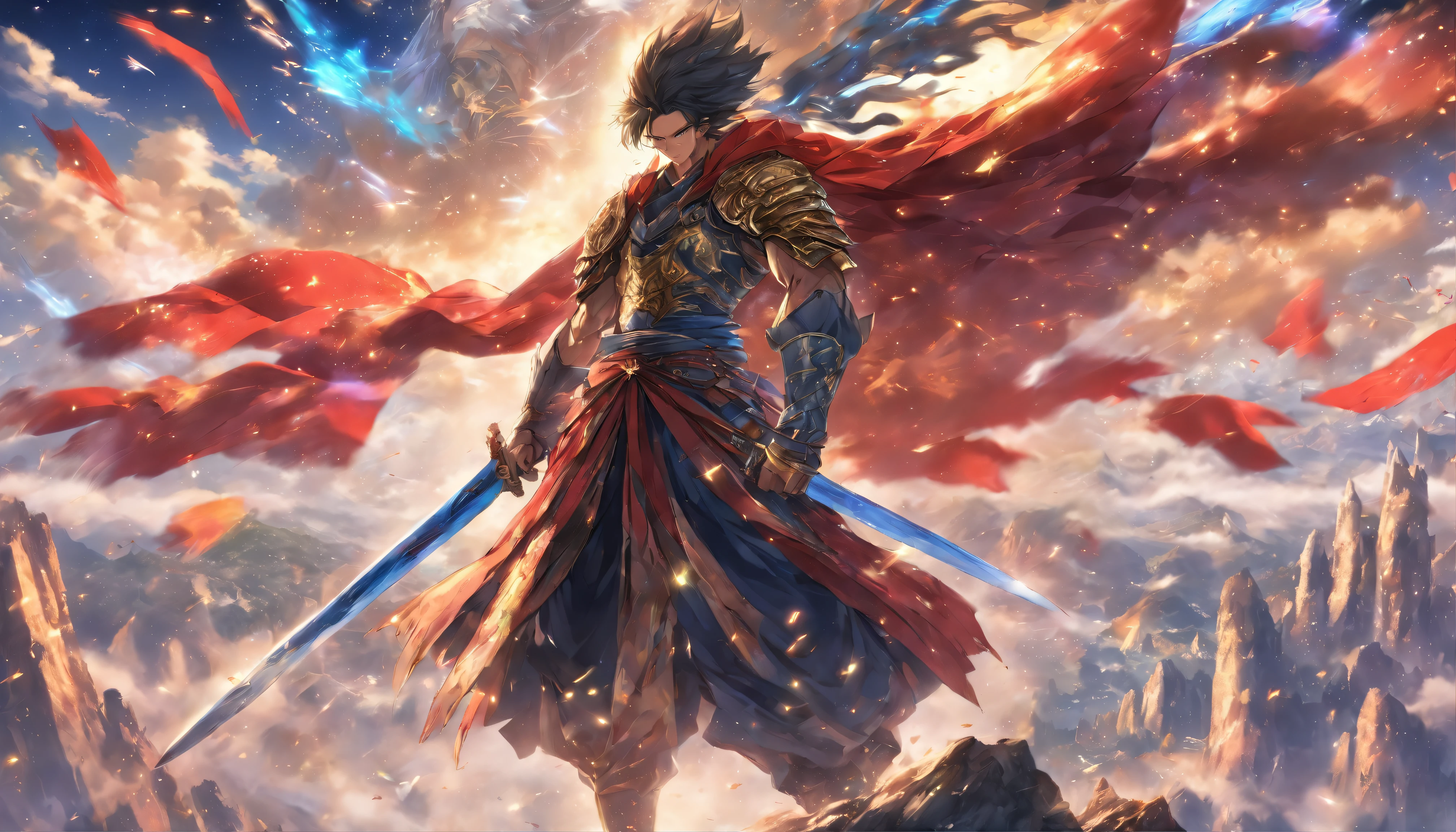 A tall and handsome man standing on top of a mountain, with fluttering flags behind him and a war-torn scene around him. He wields a giant sword, wearing a magnificent battle robe, and gazes resolutely in all directions, ,in the style of the stars art group xing xing, 32k, best quality, masterpiece, super detail, high details