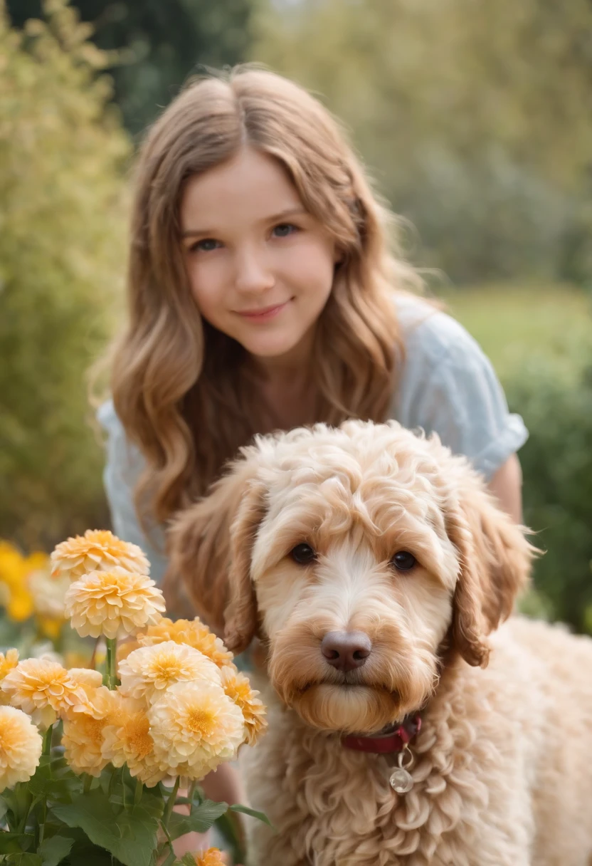 , and Labradoodles in the garden, There are flowers, There are fountains,medium long shot