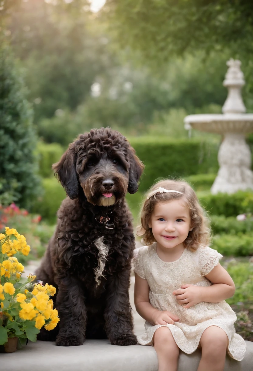 Sweet , and Labradoodles in the garden, There are flowers, There are fountains,medium long shot