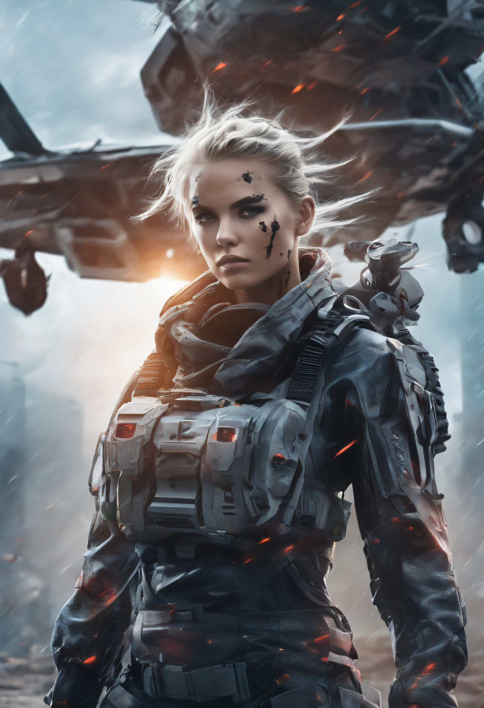 Armageddon battle scene with beautiful surrealist photo of cute young swedish woman with rune tattoo, ((Dirty face Blood splattered)), (((Wear an all-heavy mech, Combat harness, Neon highlights))) Short white hair braids, Combat pose, (((Grab the side of the combat sci-fi combat helicopter))), Exterior of destroyed buildings, fires, Smoke, detritos, Camouflage net, caisson, rain, Stormy, Wet, Abstract beauty, near-perfect, Pure form, intricately details, 8K post-production, high resolution, Super detail, trending on artstationh, Sharp focus, Studio photos, intricately details, Very detailed, by Greg Rutkowski