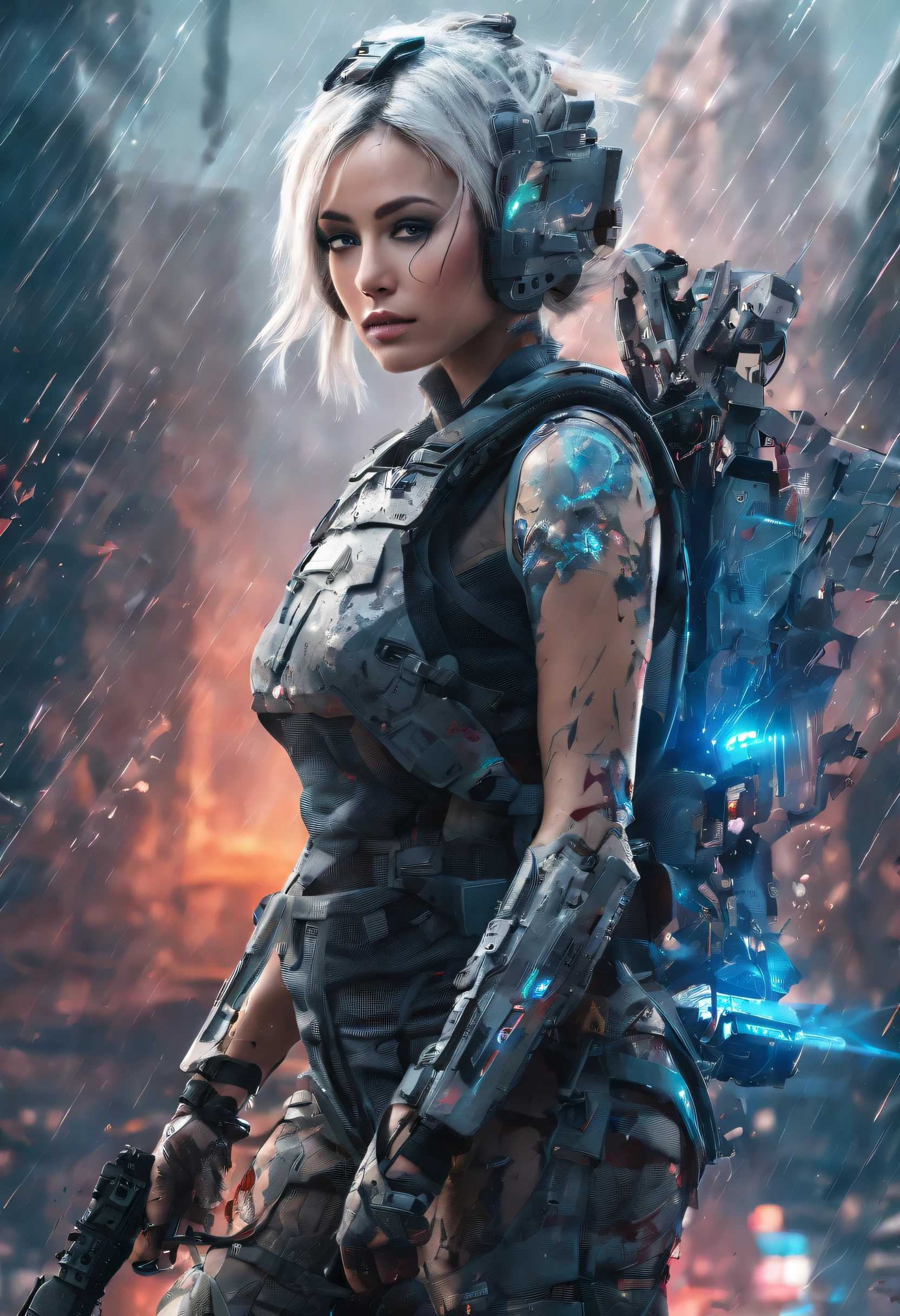 Armageddon battle scene with beautiful surrealist photo of cute young swedish woman with rune tattoo, ((Dirty face Blood splattered)), (((Wear an all-heavy mech, Combat harness, Neon highlights))) Short white hair braids, Combat pose, (((Grab the side of the combat sci-fi combat helicopter))), Exterior of destroyed buildings, fires, Smoke, detritos, Camouflage net, caisson, rain, Stormy, Wet, Abstract beauty, near-perfect, Pure form, intricately details, 8K post-production, high resolution, Super detail, trending on artstationh, Sharp focus, Studio photos, intricately details, Very detailed, by Greg Rutkowski