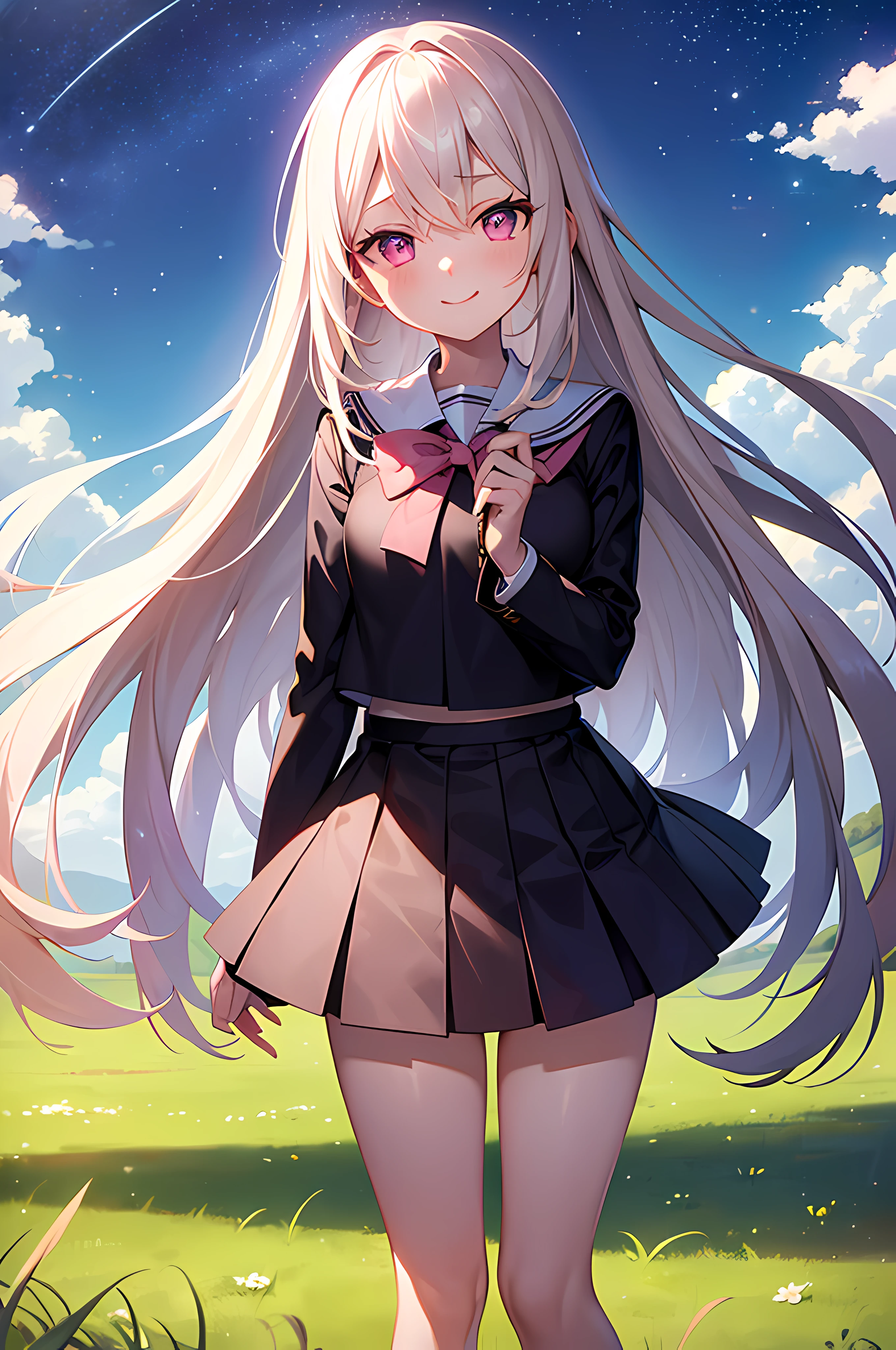 (masterpiece), best quality, expressive eyes, perfect face, 1girl, seifuku, female, miniskirt, platinum blonde hair, long hair, seductive smile, pink eyes, loafers, in a grass field staring at the sky, cosmos sky background, galaxy sky background.