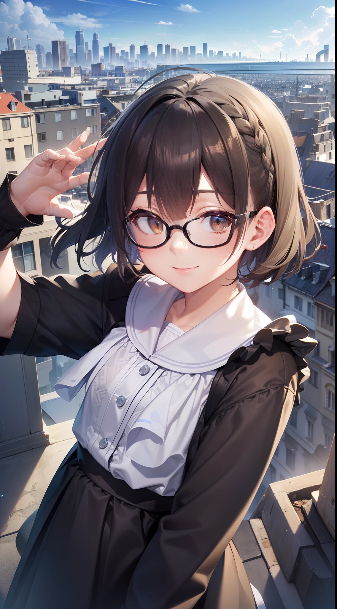 (masutepiece, Best Quality, Capture super cute moments, depth of fields, ultra-detailliert, Ultra High Resolution, C4D, Octadale, 3D Modeling, 8K, 16 K, one girls、a junior high school student、A dark-haired、short-hair、straight haired、Light brown eyes,hair adornments、wearing black glasses、A smile),(summer sky:1.3),(cumulonimbus),blue sky,group of buildings,1Contrail,(cityscape:1.5),warm light, the top of the hill,(Overlooking the cityscape:1.5),(scenery:1.5),(Looking down on the city from the roof of a building:1.3), Cat Pose、a sailor suit
