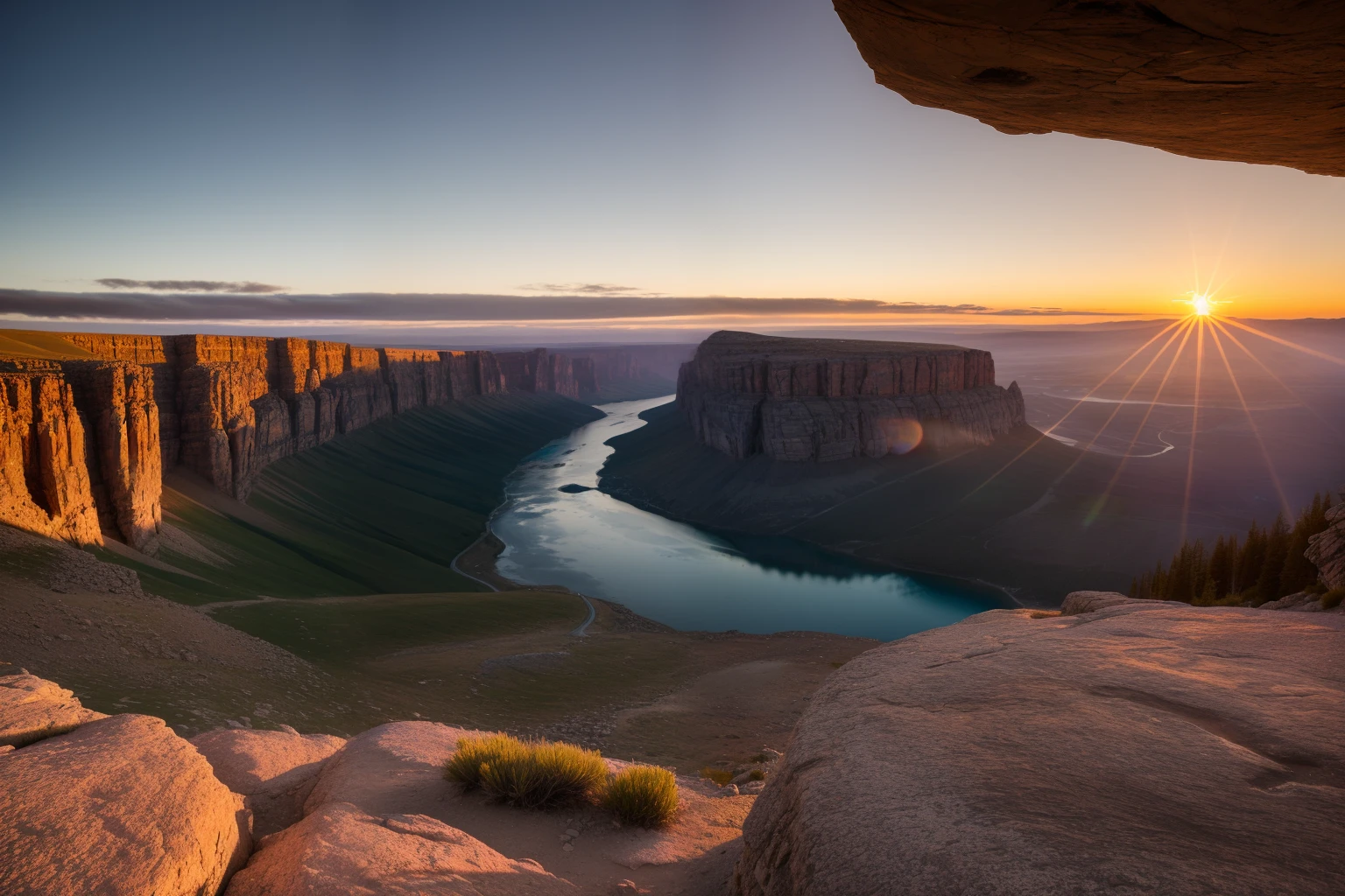 photograph from a mountain top with someone sitting on a rock in the middle, moutnains in background, and a river in the middle, cinematic sunset, cinematic, realistic, photographic, rim lighting, super cinematic, 3