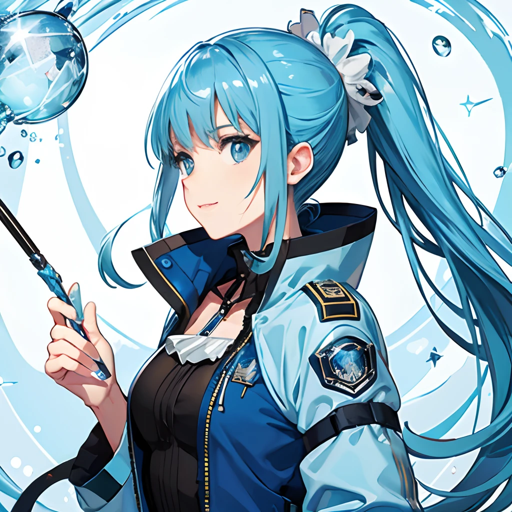 {{{{{mastepiece,Best Quality,ultra-detail}}}}},1woman,beautiful ponytail hair,beautiful face,beautiful blue eyes,wearing man's flight jacket and One piece with lots of chiffon ruffles,have a beautilful wand,happy laugh,beautiful shopping mall background,star and blue moon are sparkling,8k,many blue magic effects from her wands,
