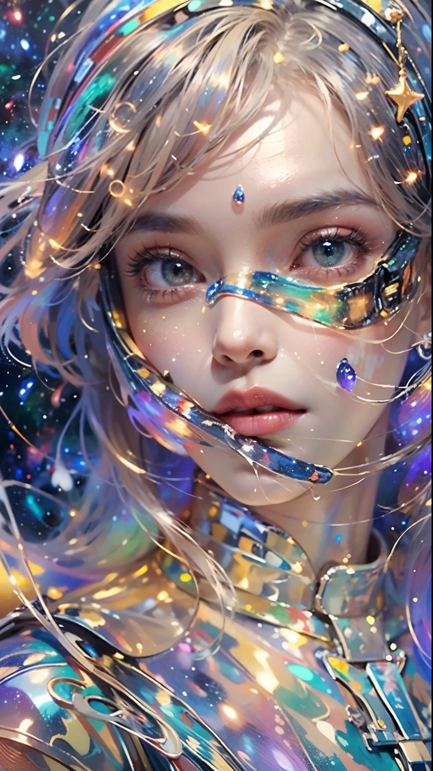 (high resolution, Incredibly detailed, Masterpiece), A complex close-up portrait of a beautiful girl，He has the universe and stars in his eyes ,beautiful  face,In space , Has fractal geometry (Vibrant colors:0.6), Targeted (Milky Way Galaxy background:1.8), Bring the complex together, Mesmerizing shapes and patterns,twoddle ,Fractal art,stars and galaxies