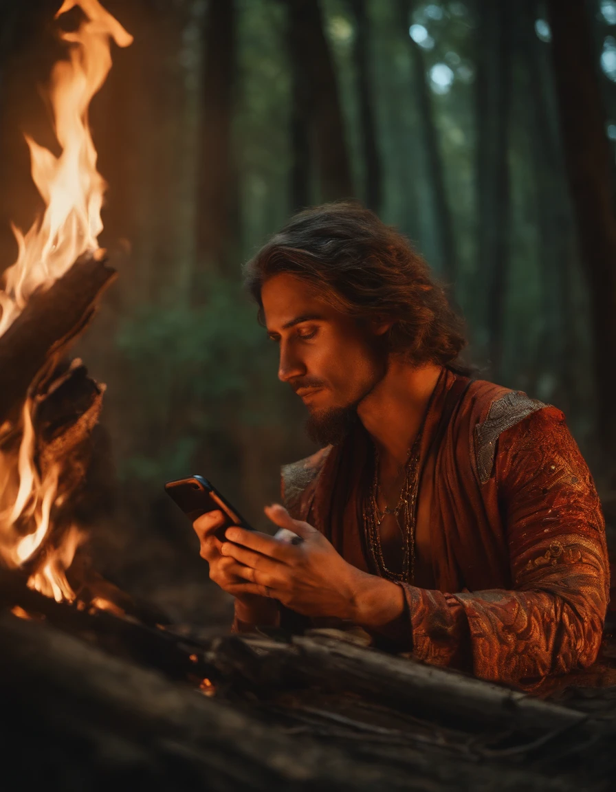Primitive man with a smartphone,bonfires,Ancient times,Primeval forest,closeup cleavage