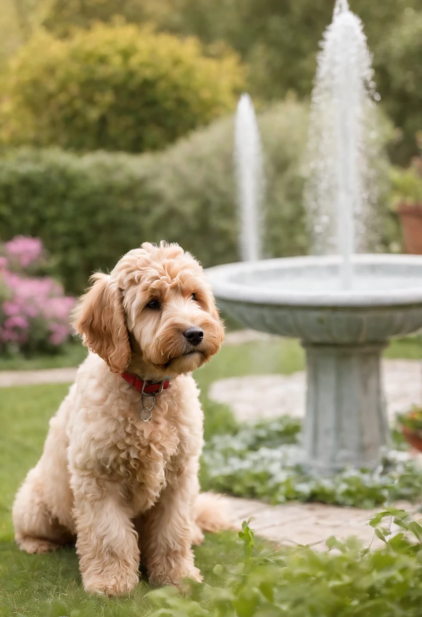 , and Labradoodles in the garden, There are flowers, There are fountains,medium long shot