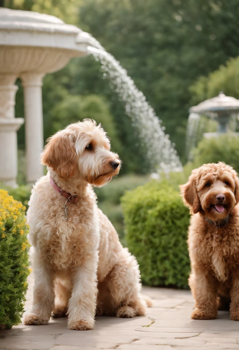Sweet little girl, and Labradoodles in the garden, There are flowers, There are fountains,medium long shot