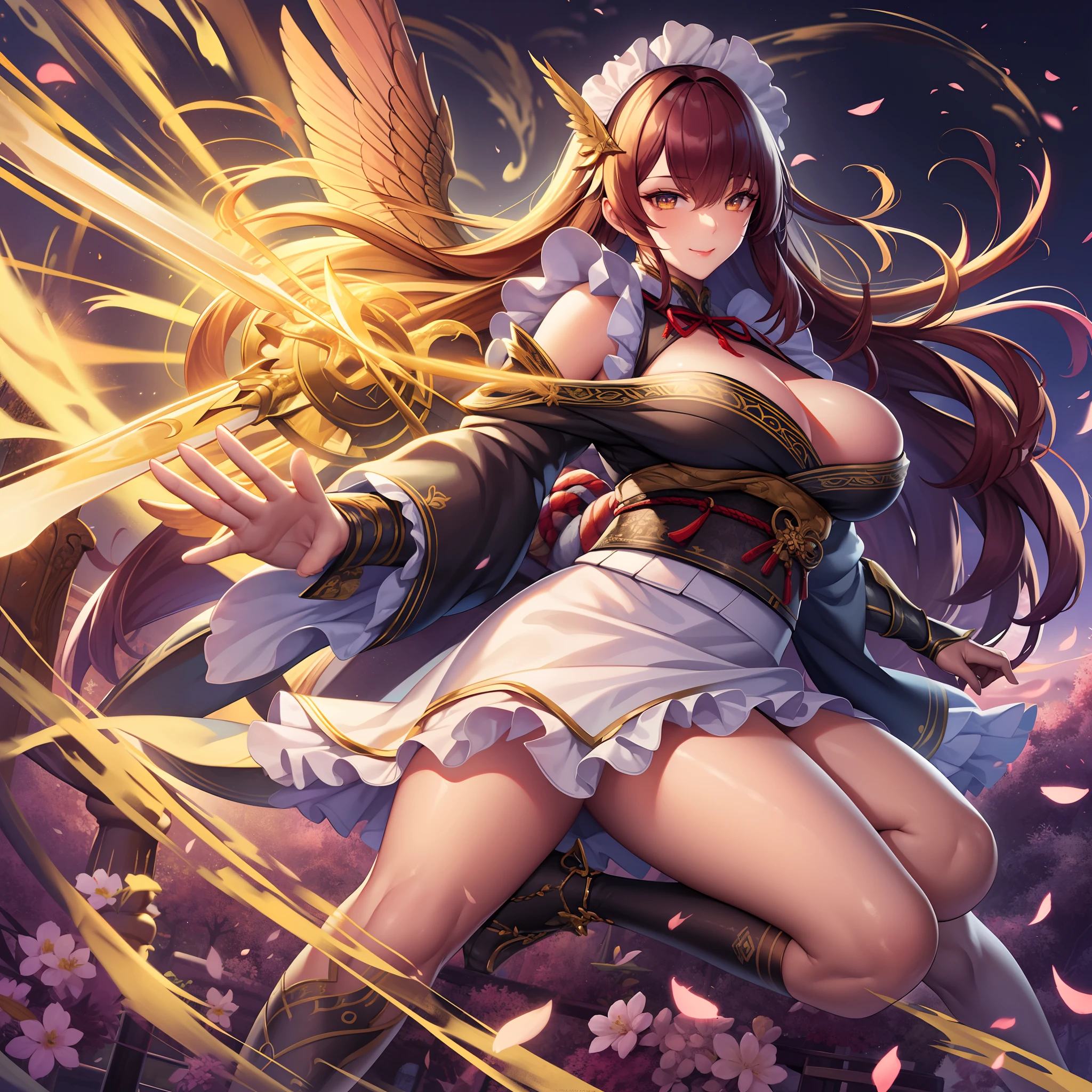 1girl in、nightcity、Sateen、Kimono without sleeves、A dark-haired、Holding a weapon with blood on it、Looking at the camera、Cherry blossoms are dancing,Unusually resistant、red blush、Looks distressed、Pleasant face、shrine maiden、valkyrie、Angel wings、a navel、sideboob barbosa、with an intricate、Particles of light、thighs thighs thighs thighs、shinny skin、Perfect litthing、1girl in、looking at the viewers、Winged headgear、pelvis curtain、A smile、(masterpiece)、(top-quality)、Very gigantic-breasts、maternal、Porcelain Skin、Very long hair、hair wavy、Royal sister,femele,A queen,putting on a crown,There are a lot of golden lightning around,sitting in a throne,Bangs cover the eyes,Black Suspender Socks,Black Lace Top,,High jump,Grab Erlang's leg,,Black Silk Top,married woman,mothers,domineering,smil,The corners of the mouth are raised,Red and gold eyes,Black silk erotic underwear,Black top,Black Silk Gloves,I have a gorse tattoo on my chest and thigh,There are many golden dragon scales on the arms,There are many golden dragon scales on the neck,Bright eye,dragon eyes,Snake's Eye,Upright pupils,There are golden stripes on the clothes,There is a golden pattern on the clothes,The socks have a golden pattern,tall figure,Expose the outside of the chest,Twisted blade hanging over the shoulder,Larger breasts ,With elongated dragon horns,Giant Golden Dragon Wings,Giant Golden Dragon Wings,Huge golden dragon wings as big as a body,The body is covered with huge golden dragon wings,golden pupils,Just a pair of wings,large wings,The biggest dragon wings,The biggest dragon wings,There are golden scales on the neck,Fingers are golden dragon claws,The elongated tail of the golden dragon、1girl in、nightcity、Sateen、Kimono without sleeves、A dark-haired、Holding a weapon with blood on it、Looking at the camera、Cherry blossoms are dancing,Strong best quality, (Extremely detailed: 1.5), masutepiece, 超A high resolution,(photographrealistic:1.4), 1 beautiful girl, Cowboy Shot, (Wear battle armor:1.4), (Wear battle ar