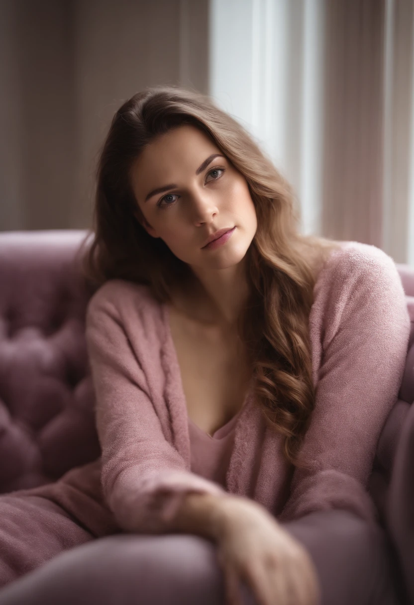 young woman laying on armchair , in the style of light magenta and light gray, calm and meditative, barbizon school, exaggerated facial features, light brown and white, happycore, emotional sensitivity ,upper body