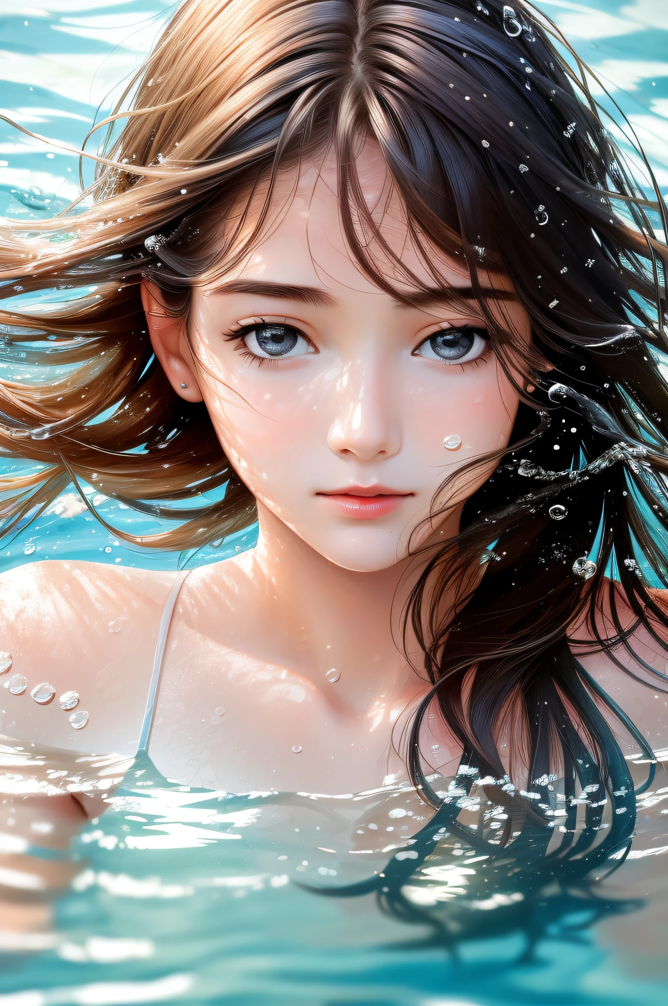 Masterpiece, photograph realistic, Portrait of the face of a young woman 1, swimming underwater, Water leaks above the shoulder, Bare shoulders, Beautiful detailed face, ((Natural and delicate hair movement on the water)), Bubbling, Splashes，vibrant, Realistic, Dramatic, Sharp focus, 8K，the detail，