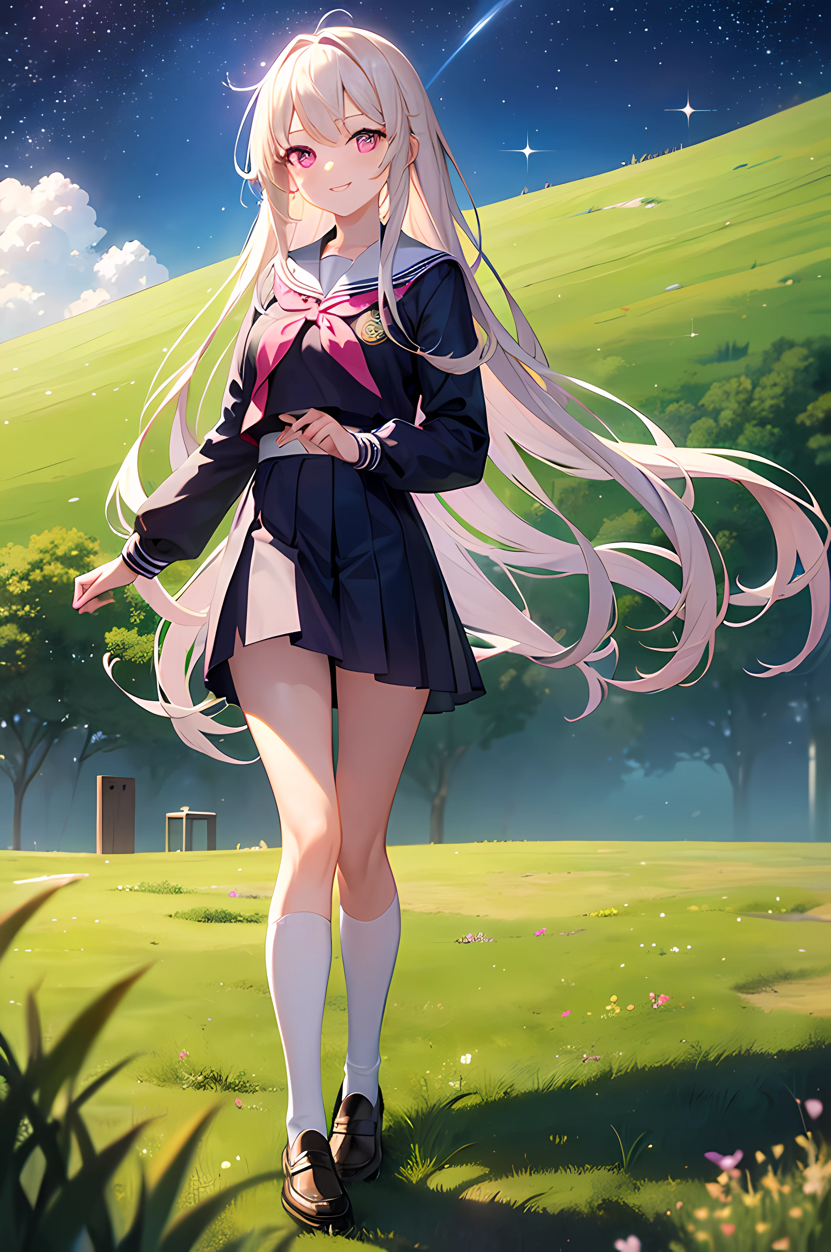 (masterpiece), best quality, expressive eyes, perfect face, 1girl, seifuku, female, miniskirt, platinum blonde hair, long hair, seductive smile, pink eyes, loafers, in a grass field staring at the sky, cosmos sky background, galaxy sky background.