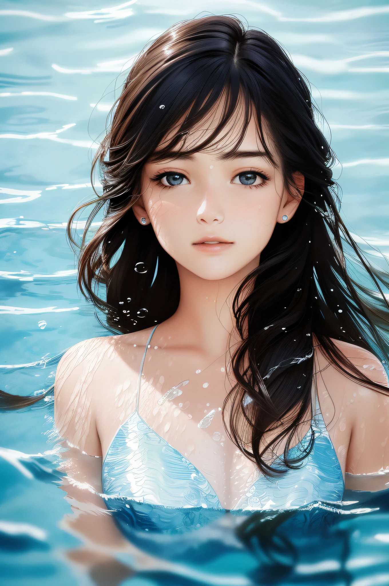 Masterpiece, photograph realistic, Portrait of the face of a young woman 1, swimming underwater, Water leaks above the shoulder, Bare shoulders, Beautiful detailed face, ((Natural and delicate hair movement on the water)), Bubbling, Splashes,vibrant, Realistic, Dramatic, Sharp focus, 8K,the detail,