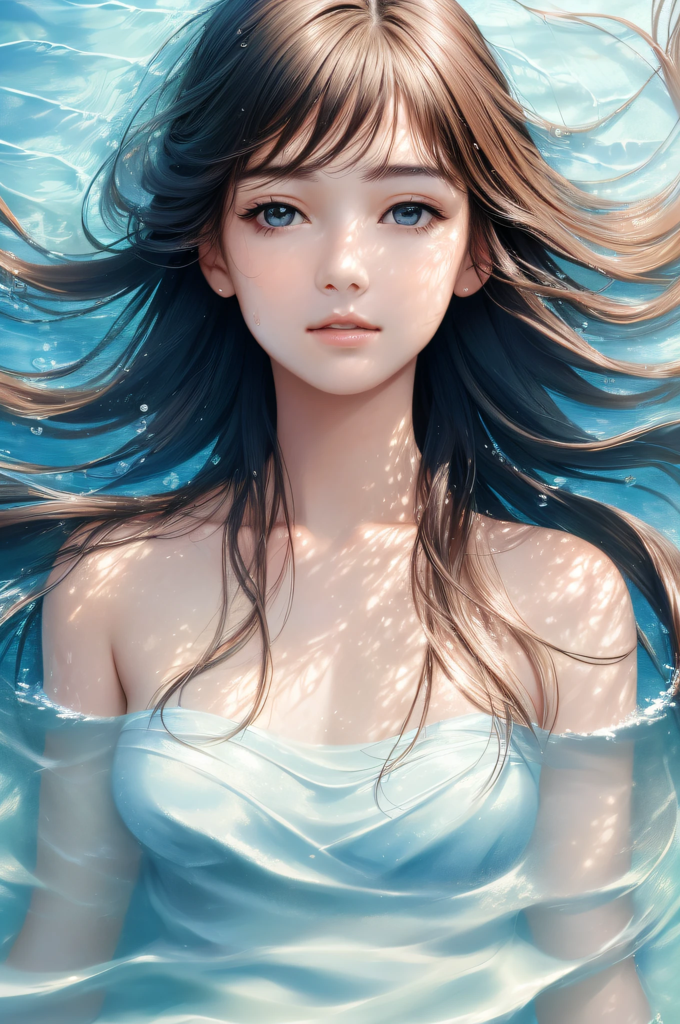 Masterpiece, photograph realistic, Portrait of the face of a young woman 1, swimming underwater, Water leaks above the shoulder, Bare shoulders, Beautiful detailed face, ((Natural and delicate hair movement on the water)), Bubbling, Splashes，vibrant, Realistic, Dramatic, Sharp focus, 8K，the detail，