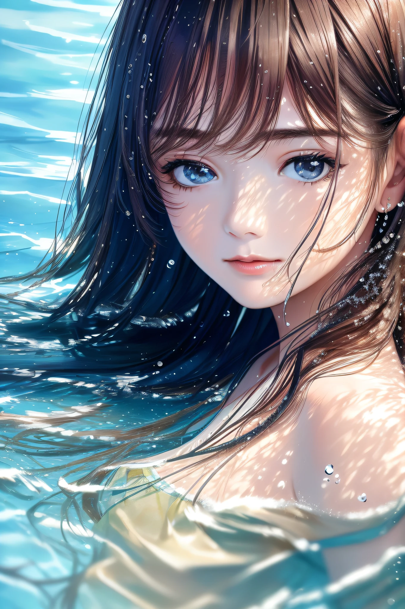 Masterpiece, photograph realistic, Portrait of the face of a young woman 1, swimming underwater, Water leaks above the shoulder, Bare shoulders, Beautiful detailed face, ((Natural and delicate hair movement on the water)), Bubbling, Splashes，vibrant, Realistic, Dramatic, Sharp focus, 8K，the detail，