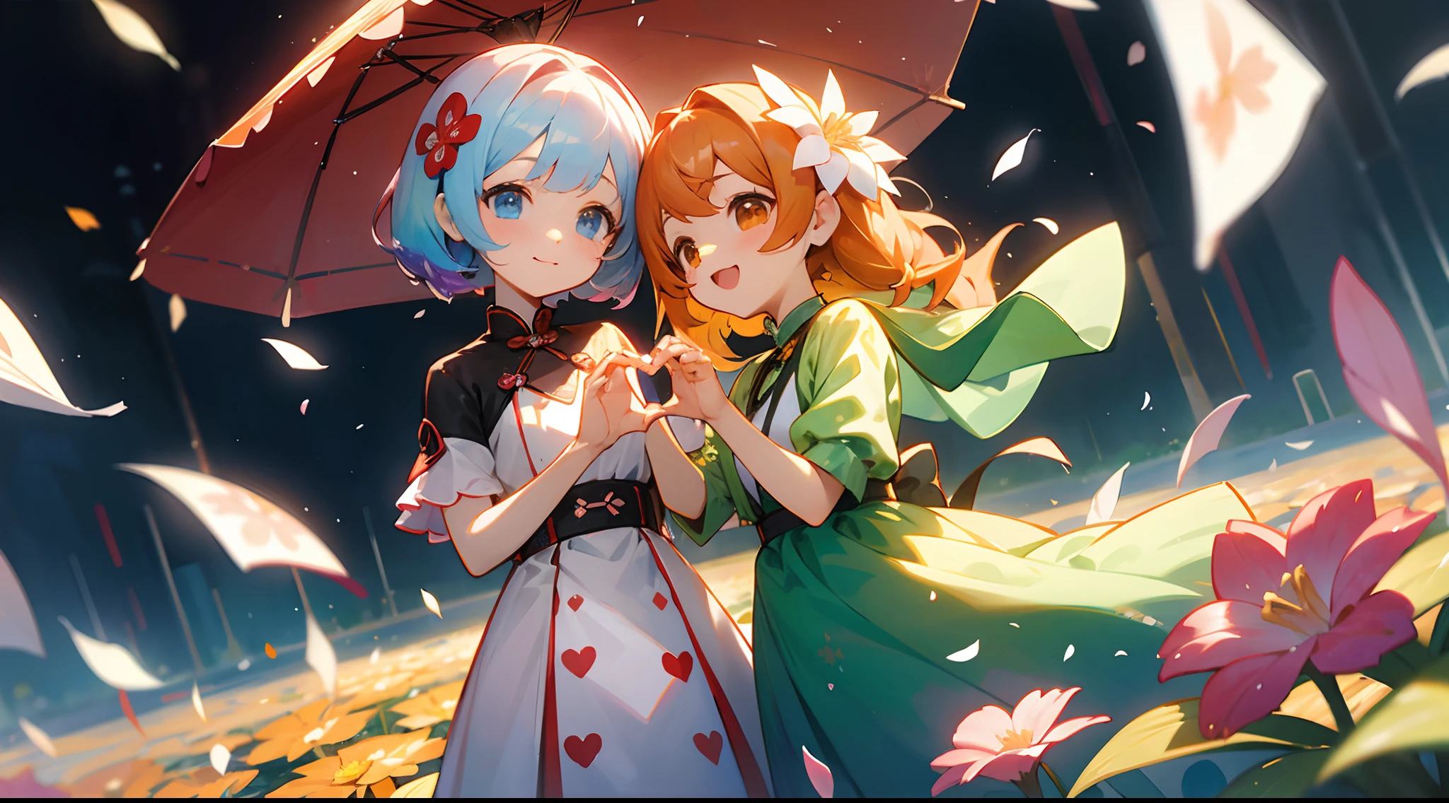 photoRealstic、Two dolls standing in front of the painting(nendroid)、A smile、Water droplets on the cheeks、Two people put their hands together to make a heart in a cute pose、watercolor Nendoroid、(High Definition Figure)、Flowing iridescent silk、up of face、Eye Up、Colorcon with heart pattern、Floral dress、There are also flowers in front of the nendroids、flower petals、season!!: 夏天☀ 🍂