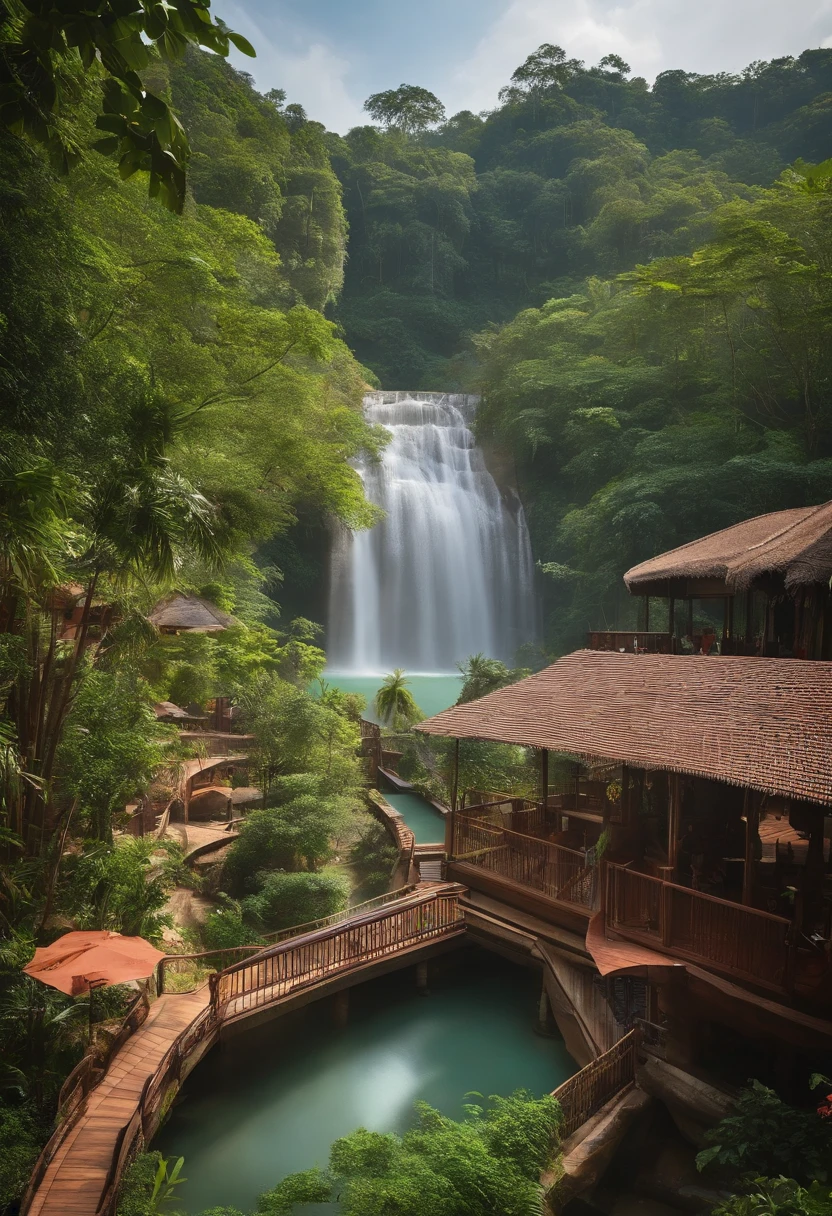 Resorts in Thailand with all cycles Both raw clay brick houses with grass roofs, both activity zones, water parks and parks, and 2 cute train trains, a big waterfall seen from the entrance and around the resort is a forest. Promote image Pretty sharp