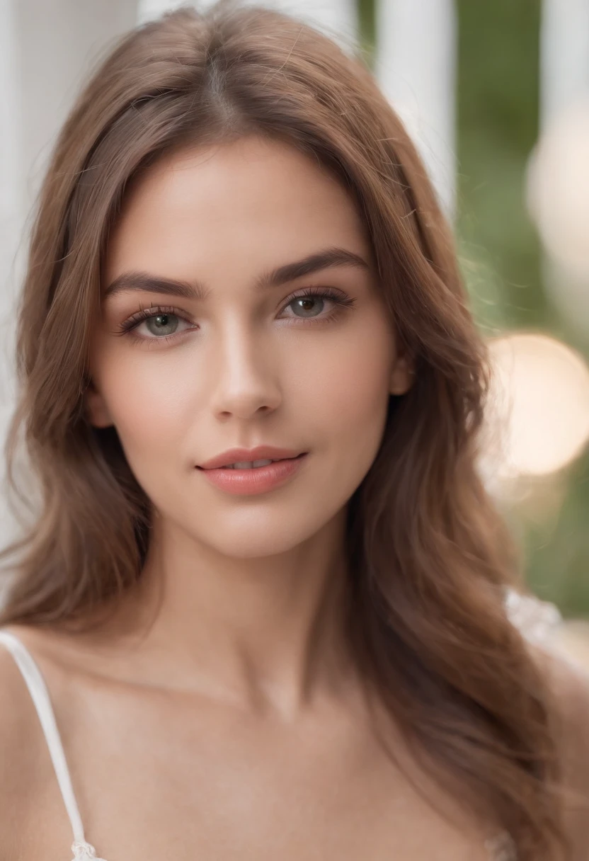 ((Une dame))、Femme sexy, 20 ans, Droit, athletic, shiny tanned skin, Grands yeux de poitrine, Taille fine, , lingerie blanche, Realstic, photographie, real, naturel, sourire、assis sur un banc