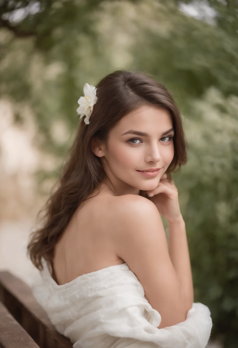 ((Une dame))、Femme sexy, 20 ans, Droit, athletic, shiny tanned skin, Grands yeux de poitrine, Taille fine, , lingerie blanche, Realstic, photographie, real, naturel, sourire、assis sur un banc