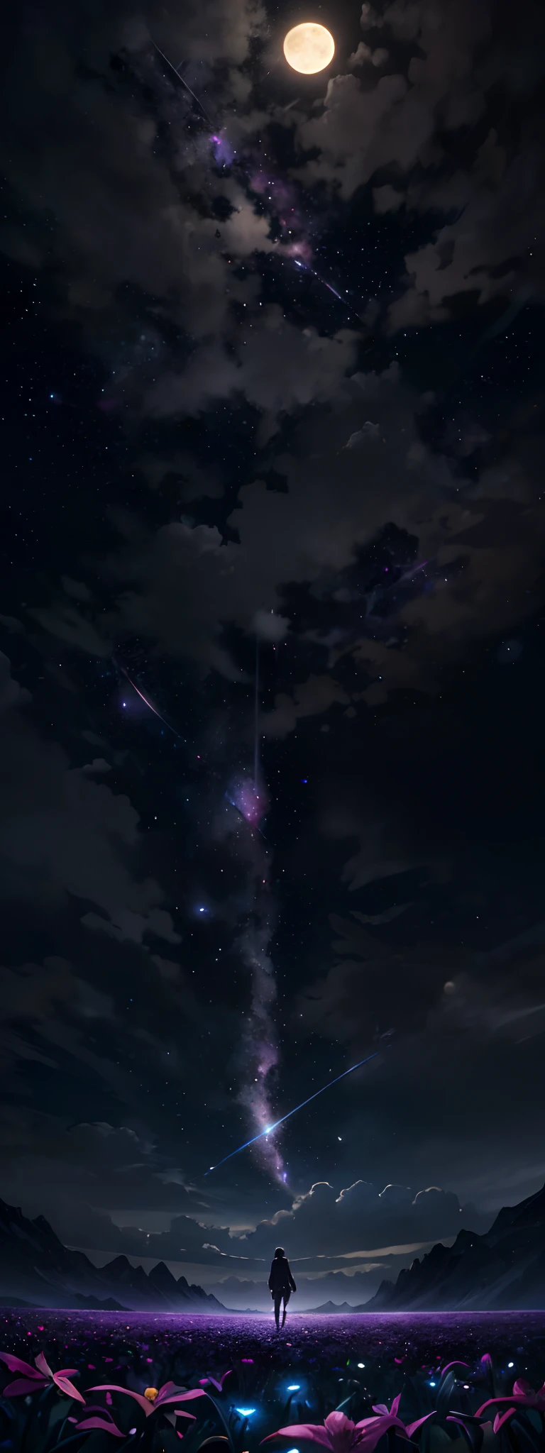 expansive landscape photograph , (a view from below that shows sky above and open field below), an anime girl standing on flower field looking up, (full moon:1.2), ( shooting stars:0.9), (nebula:1.3), distant mountain, tree BREAK
production art, (warm light source:1.2), (Firefly:1.2), lamp, lot of purple and orange, intricate details, volumetric lighting, realism BREAK
(masterpiece:1.2), (best quality), 4k, ultra-detailed, (dynamic composition:1.4), highly detailed, colorful details,( iridescent colors:1.2), (glowing lighting, atmospheric lighting), dreamy, magical, (solo:1.2)