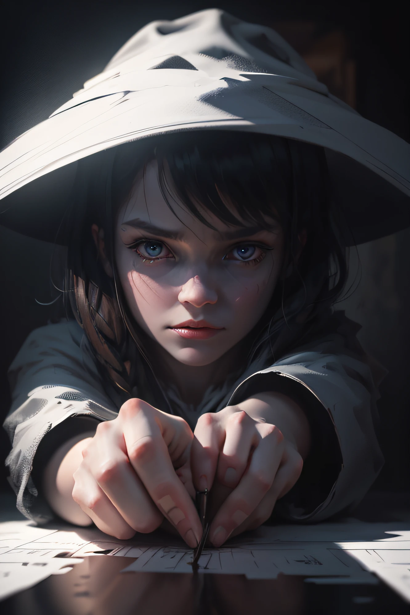 "Create a haunting 8K 3D digital art piece in the style of Wlop. Depict a girl drawing her hand on a canvas with intense focus. A translucent, sinister ghost attempts to possess her, emerging from shadows. Highlight detailed faces, dramatic lighting, and a sense of supernatural tension."