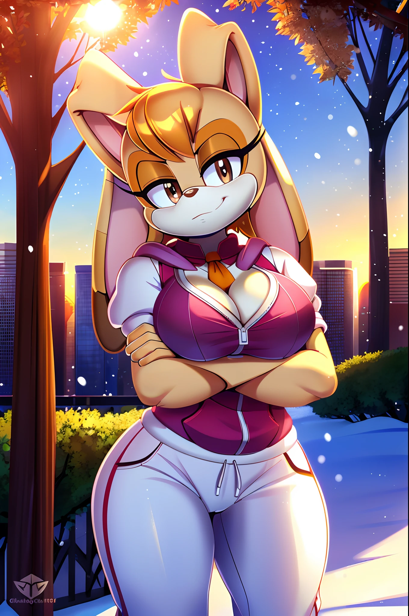 masterpiece, best quality, vanilla the rabbit, brown eyes, animal nose, sonic the hedgehog (series), short hair, orange hair, white gloves, looking at viewer, standing, red high heels, rabbit girl, medium breasts, breasts, sonic the hedgehog \(series\), furry, furry female, highly detailed, detailed background, mature female, city, buildings, outside, (uploaded on e621), (((by marthedog, by chadthecartoonnut, by avante92))), dress, blue ascot, red vest, uploaded on e621, by Smileeeeeee, by Whisperfoot, by Kammi-Lu, by Tsampikos, solo anthro, ((portrait)), Vanilla the rabbit, Big City Skyscrapers, Central Park with snow, Beautiful day, Sunny noon day, Portrait Of Stunningly Beautiful Furry Bunny Girl, Soft Delicate Beautiful Attractive Face With Alluring Purple Eyes, Voluminous Eyebrows, Thick Eyelashes, (Smug Face:1.1), Bunny Snout, sexy gaze at viewer, (half-closed eyes), looking at viewer, Gray Thick Layered Body Fur, Long Bunny Ears With Tail, BREAK, medium sized breasts, (standing on snow), ((cleavage overflow)), (exposing her breasts), ((body facing the viewer)), ((view from the front)), ((looking at the viewer)), (visible cameltoe), BREAK, located in a park, Beautiful Park with Trees, City Park Background, (Highest Quality, Amazing Details:1.4), Cel Shading, Raytracing, Color Grading, 3D Animation, Picturesque Scenery, BREAK, furry breasts, ((perfect body)), short waist, ((SFW)), ((wear white hoodie), ((wear white sweatpants)), (cameltoe), (tight clothing), BREAK, (sunrise in the background), (sunrays through the leaves of the trees), (sunlight hitting on Judy Hopps), (warm lighting), cold weather, (cold snow environment), ((snowing)), (crossed arms:1.4)