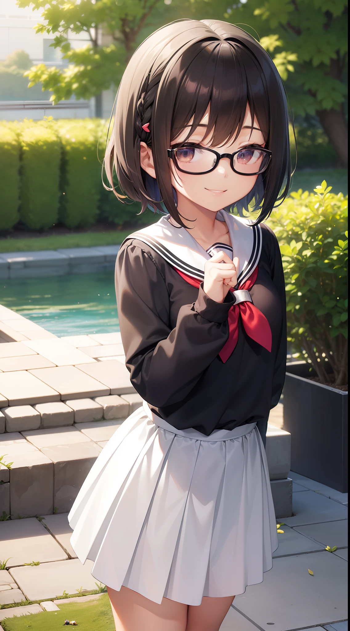 (masutepiece, Best Quality, Capture super cute moments, depth of fields, ultra-detailliert, Ultra High Resolution, C4D, Octadale, 3D Modeling, 8K, 16 K, one girls、a 、A dark-haired、short-hair、straight haired、Light brown eyes,hair adornments、wearing black glasses、A smile)、Cat Pose、a sailor suit